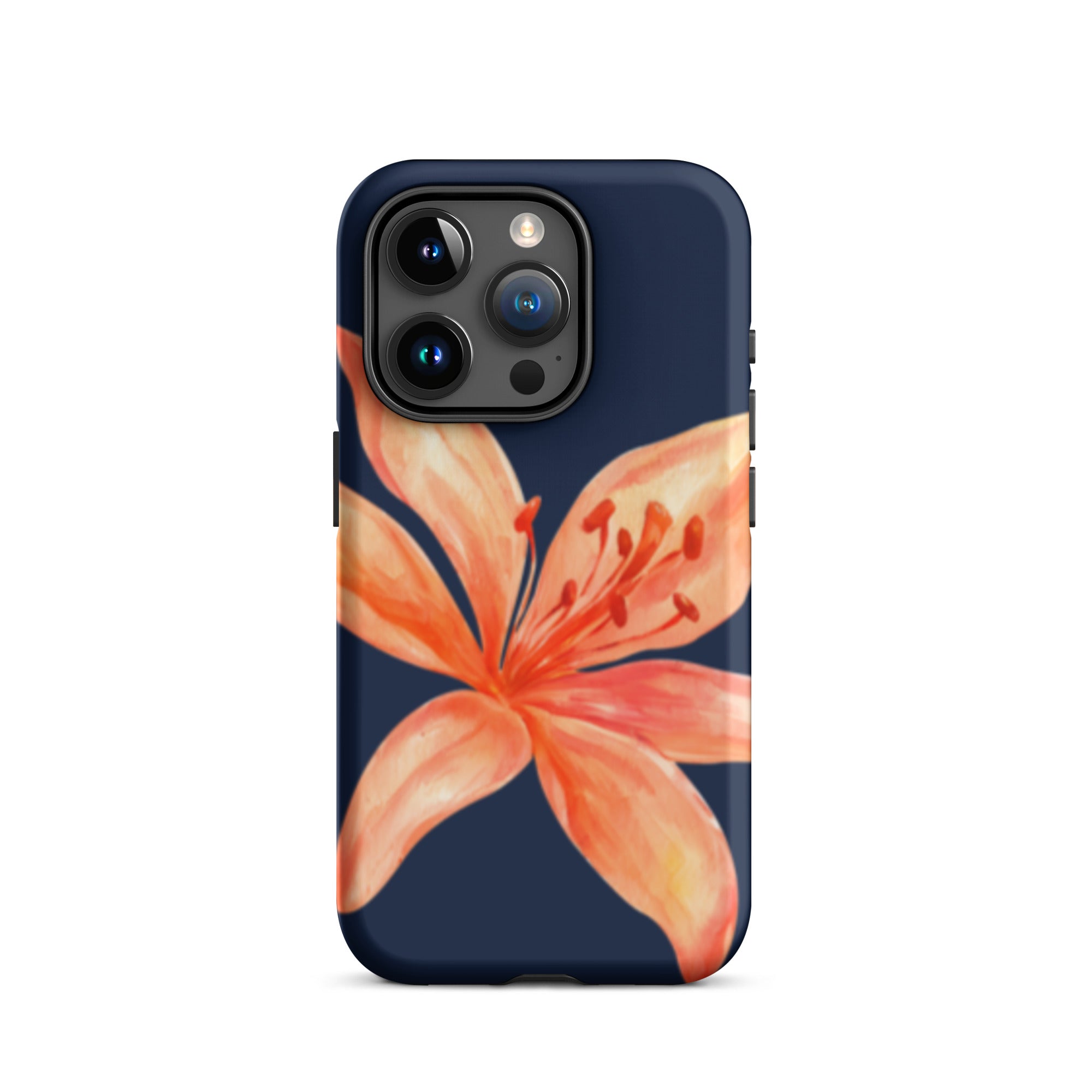 Coral Tiger Lily iPhone Case - Y2K Floral Navy With Glossy Or Matte featuring a large coral tiger lily on a navy background