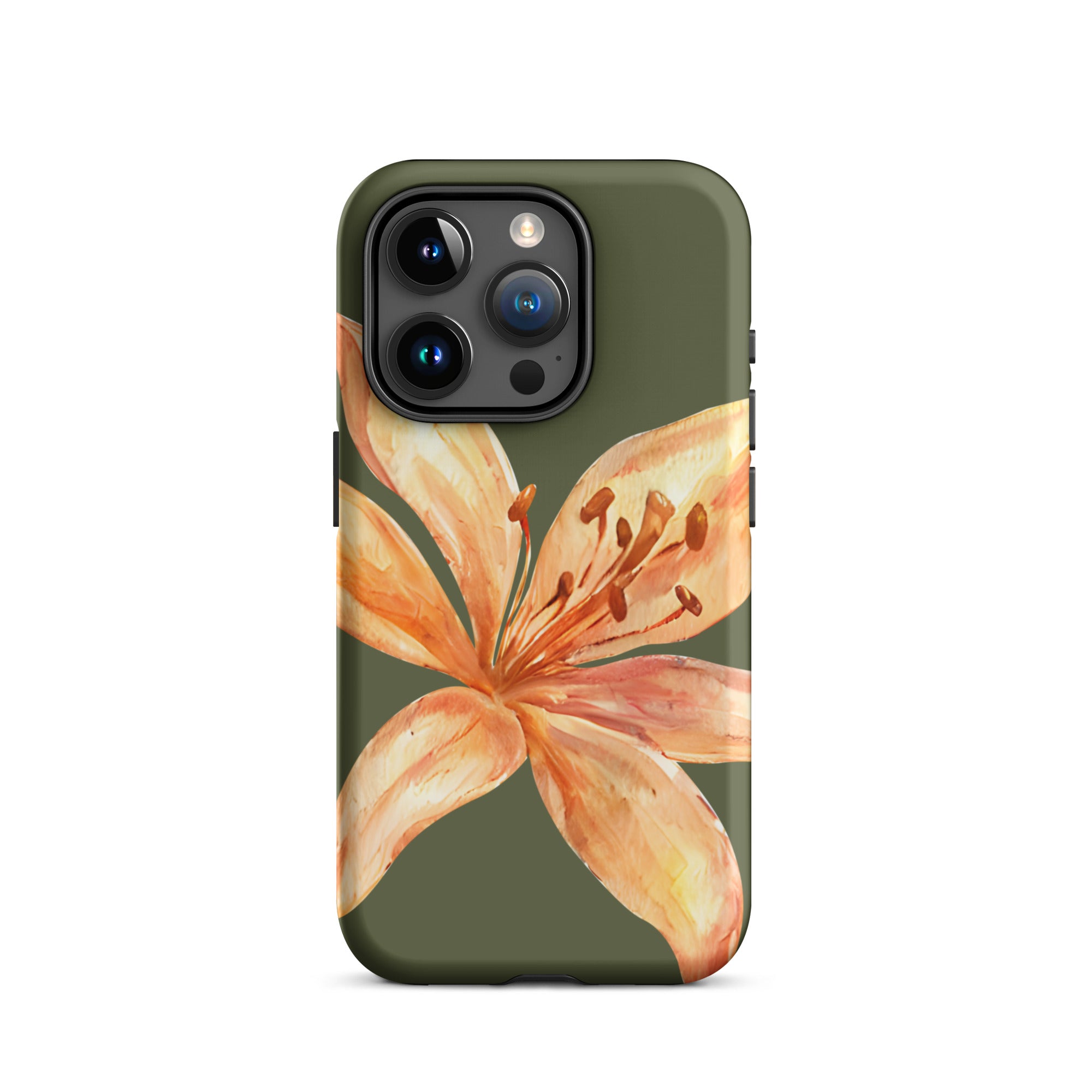 Tiger Lily IPhone Case - Botanical Art Floral y2k preppy Phone cover with large orange flower on olive green background