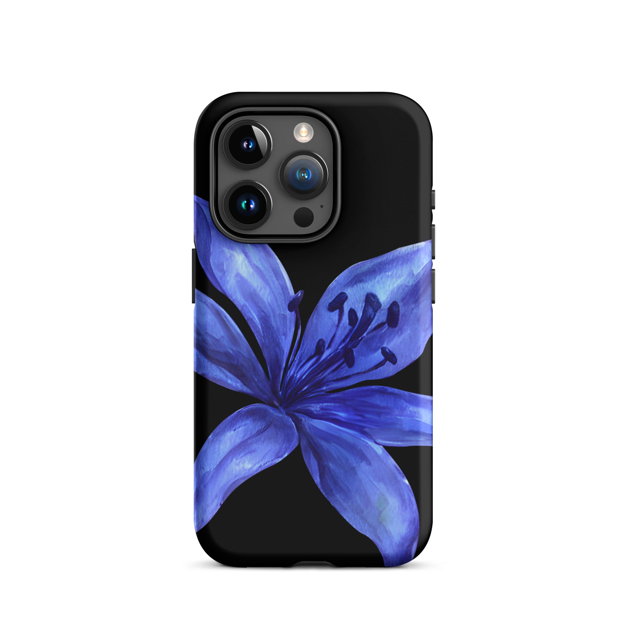 Blue tiger lily iPhone case on a black background; dual-layer polycarbonate outer shell with TPU inner lining.