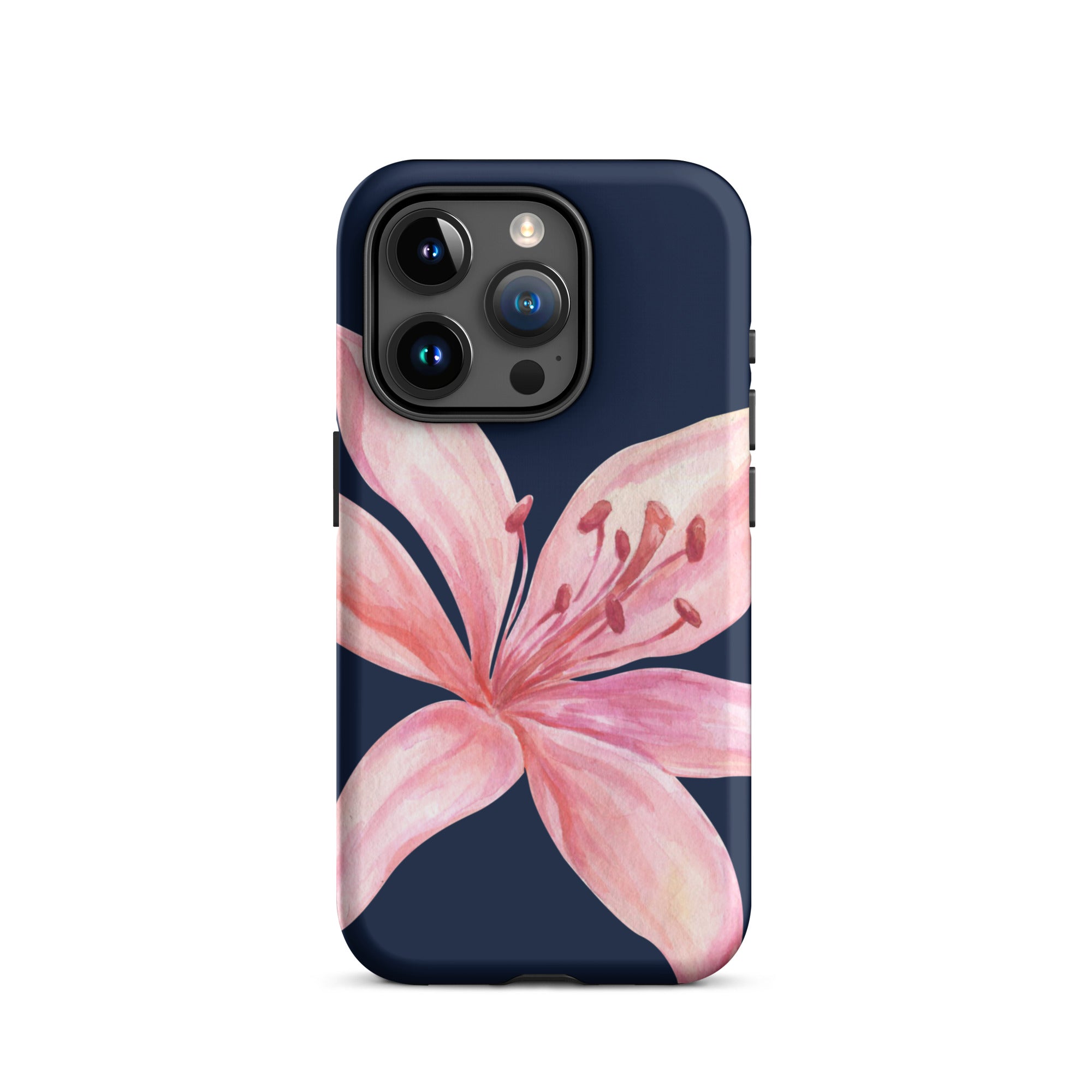 Navy blue iPhone case with pink tiger lily floral design.