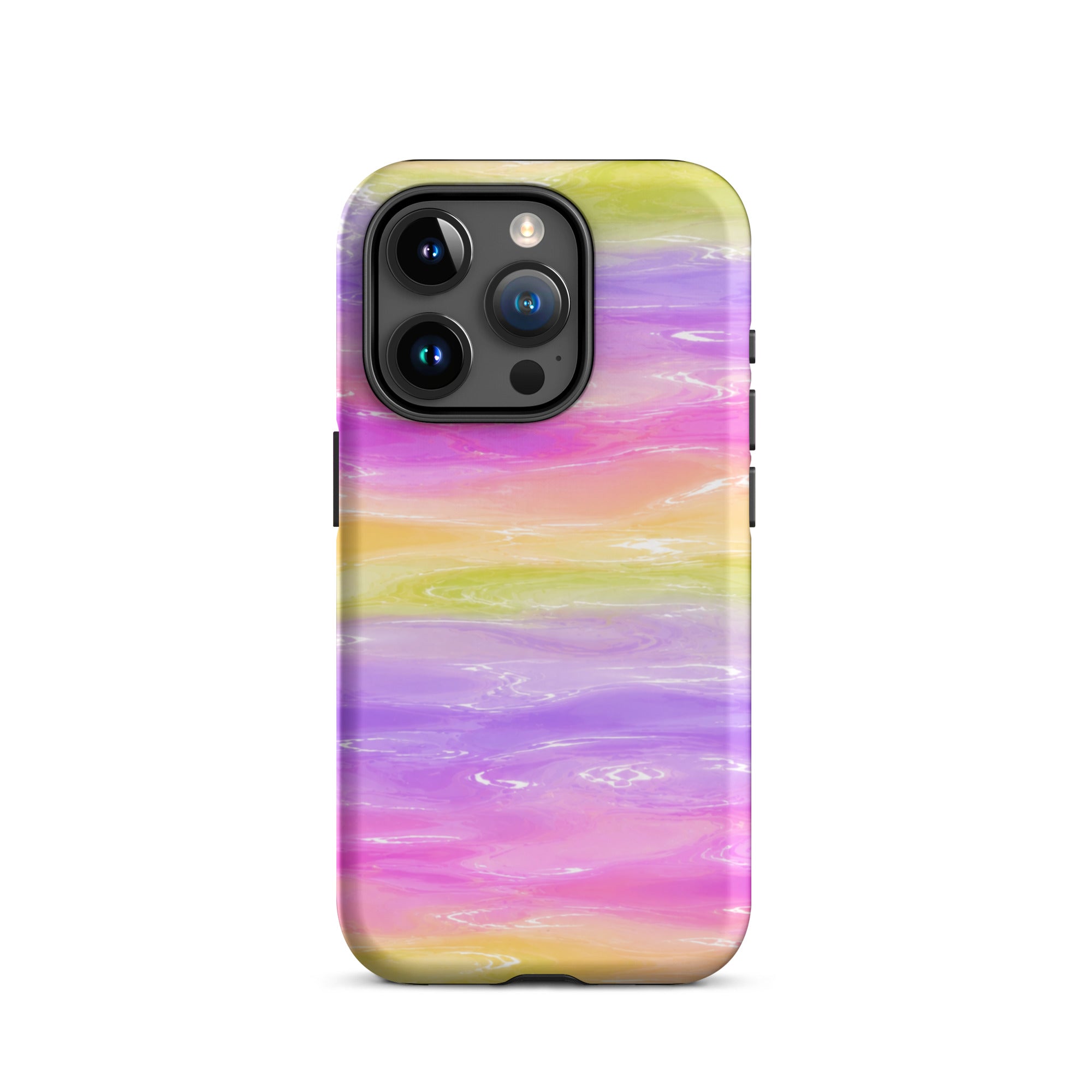 Close-up of colorful marble iPhone case with triple camera cutout