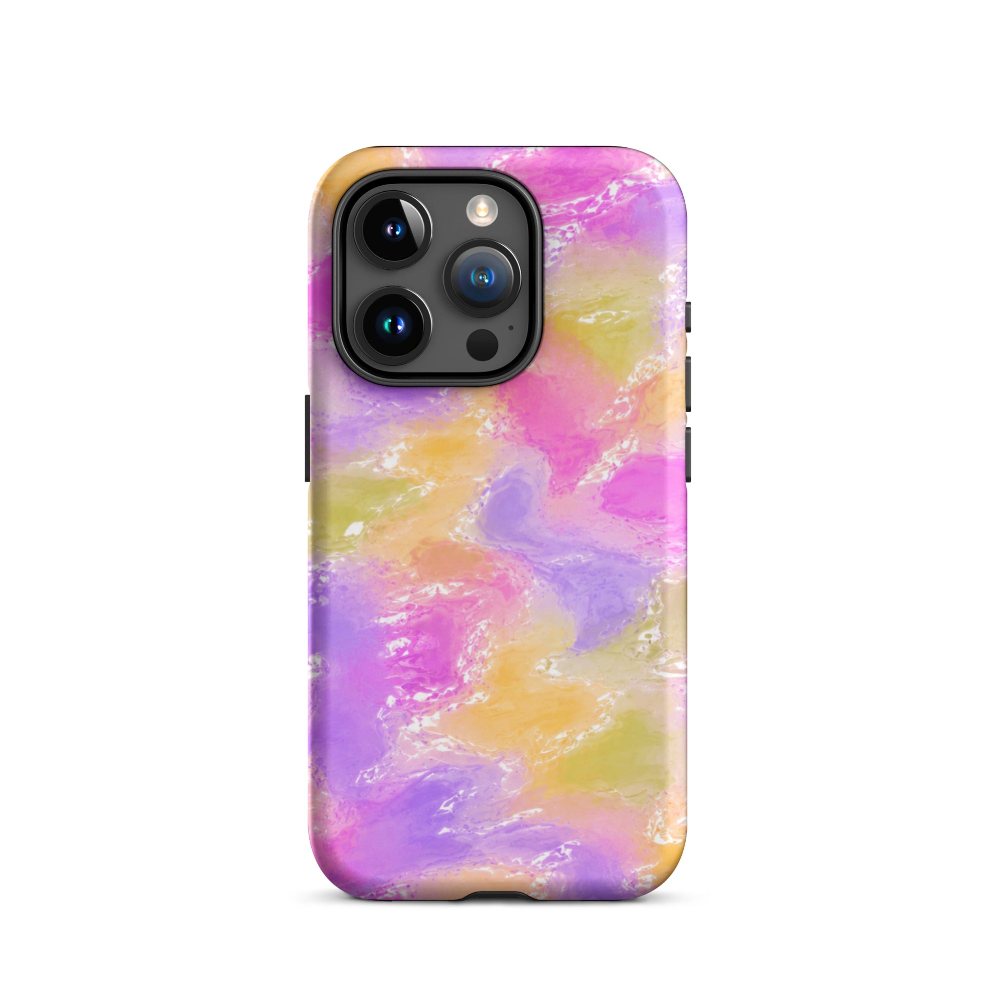 Close-up of colorful abstract iPhone case with precise port openings