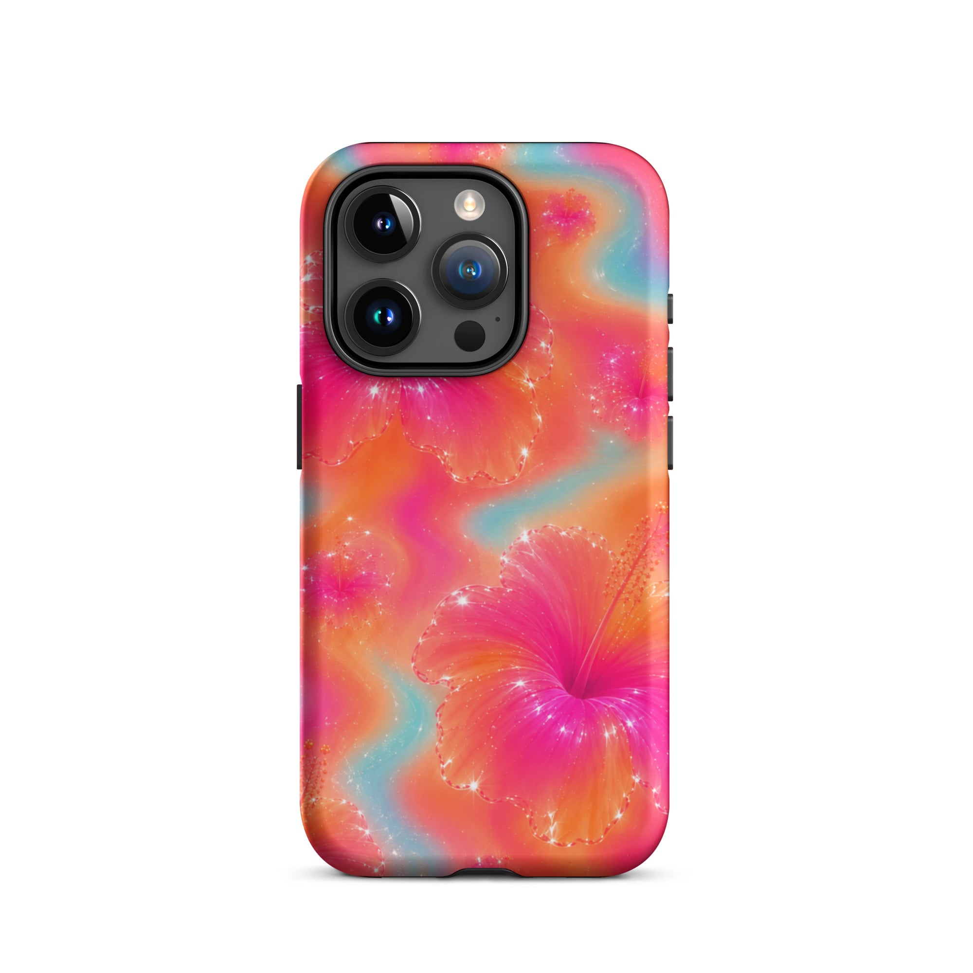 Close-up of iPhone camera with floral protective case