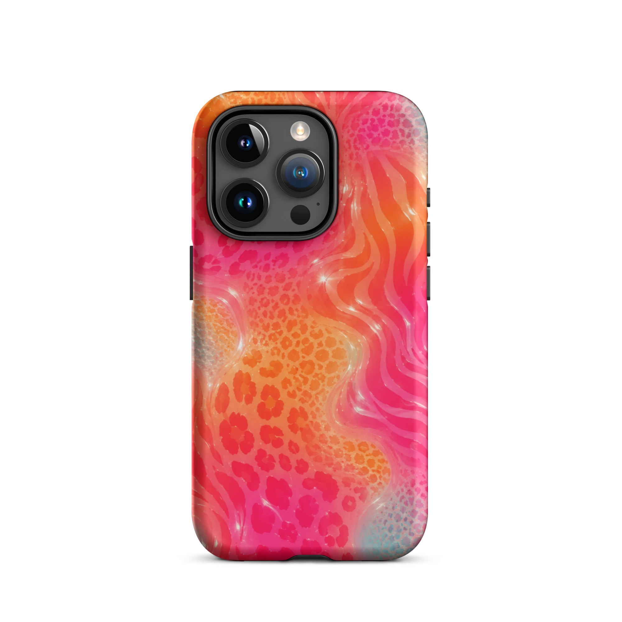 Close-up of camera cutout on animal print iPhone case