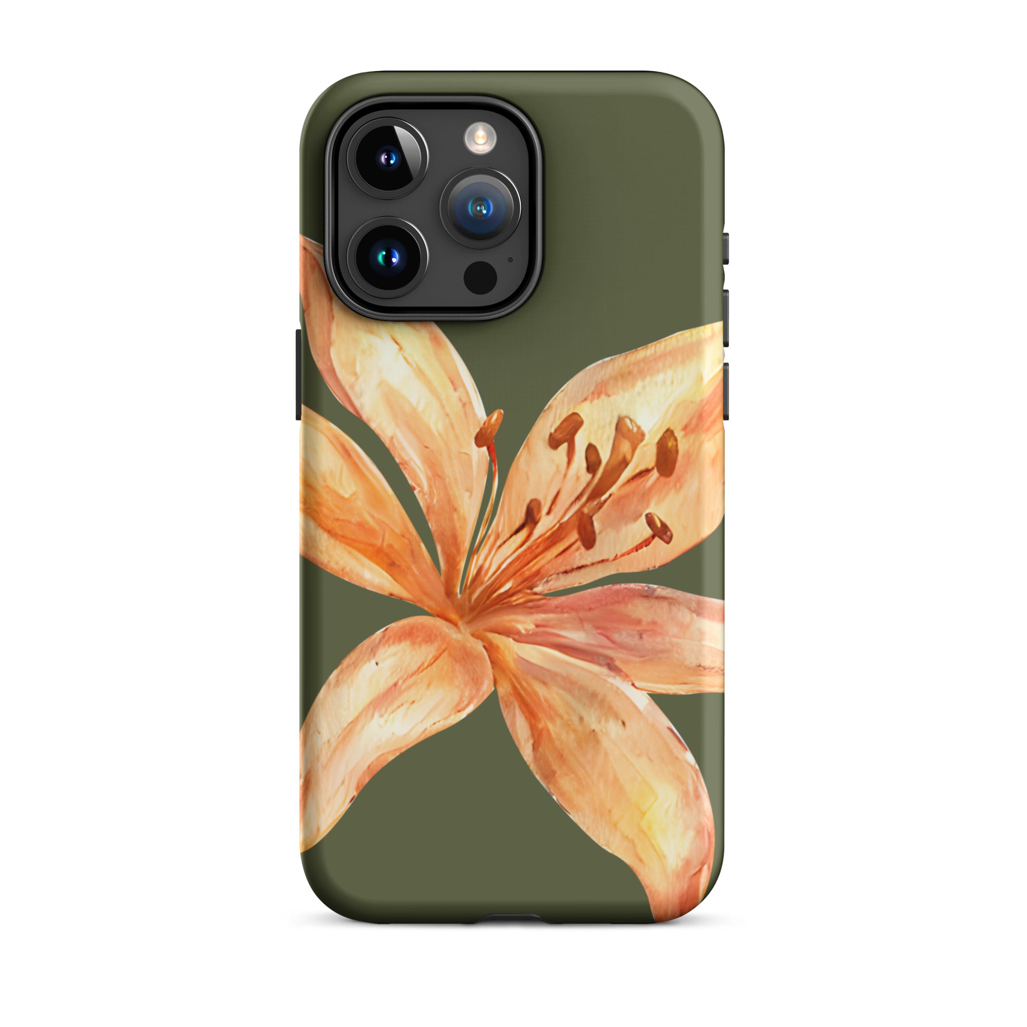 Tiger Lily IPhone Case - Botanical Art Floral y2k preppy Phone cover with orange lily design on olive green background