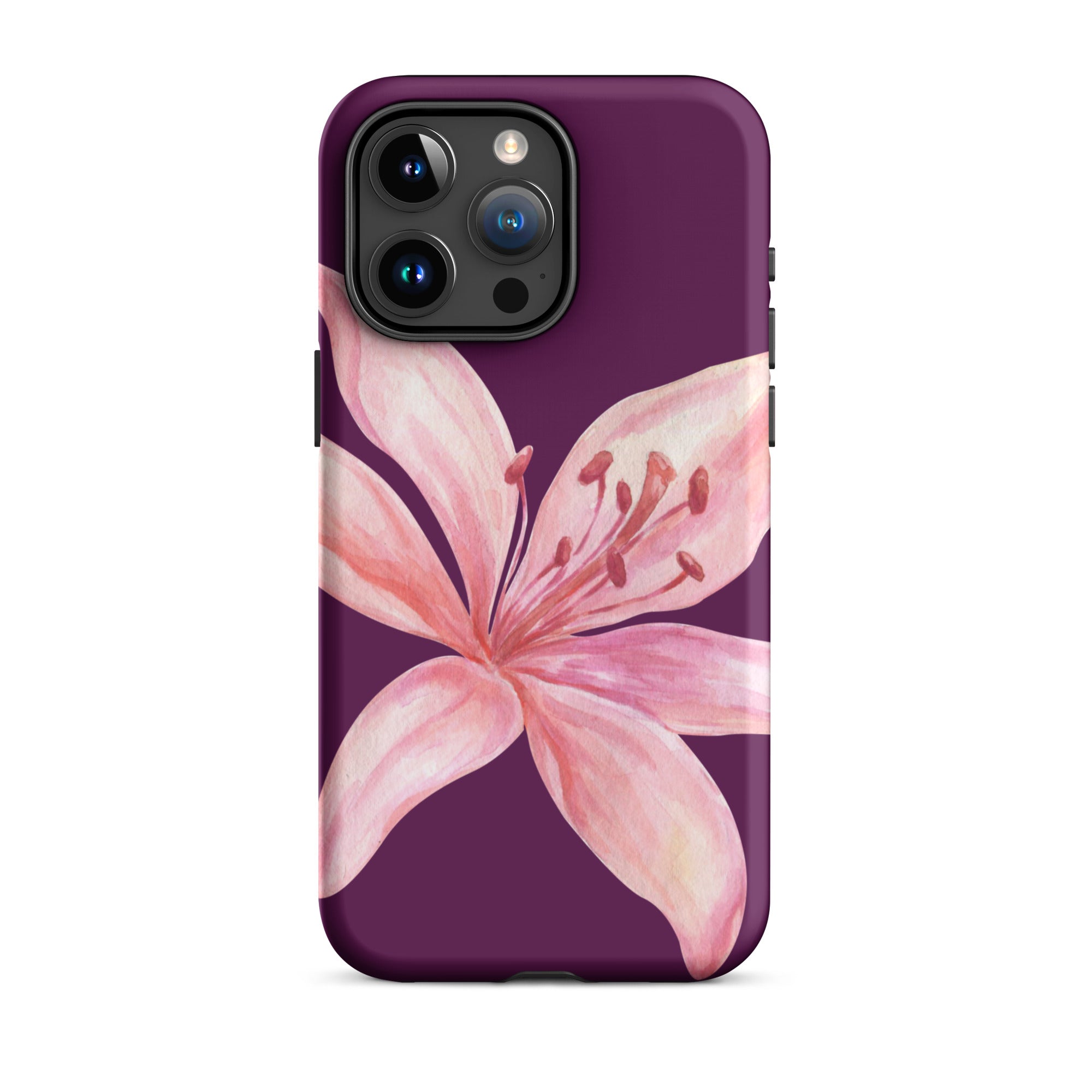 Tiger Lily Purple Pink iPhone Case - Dual Layer Protection With Polycarbonate Outer Shell featuring a pink flower on a purple background