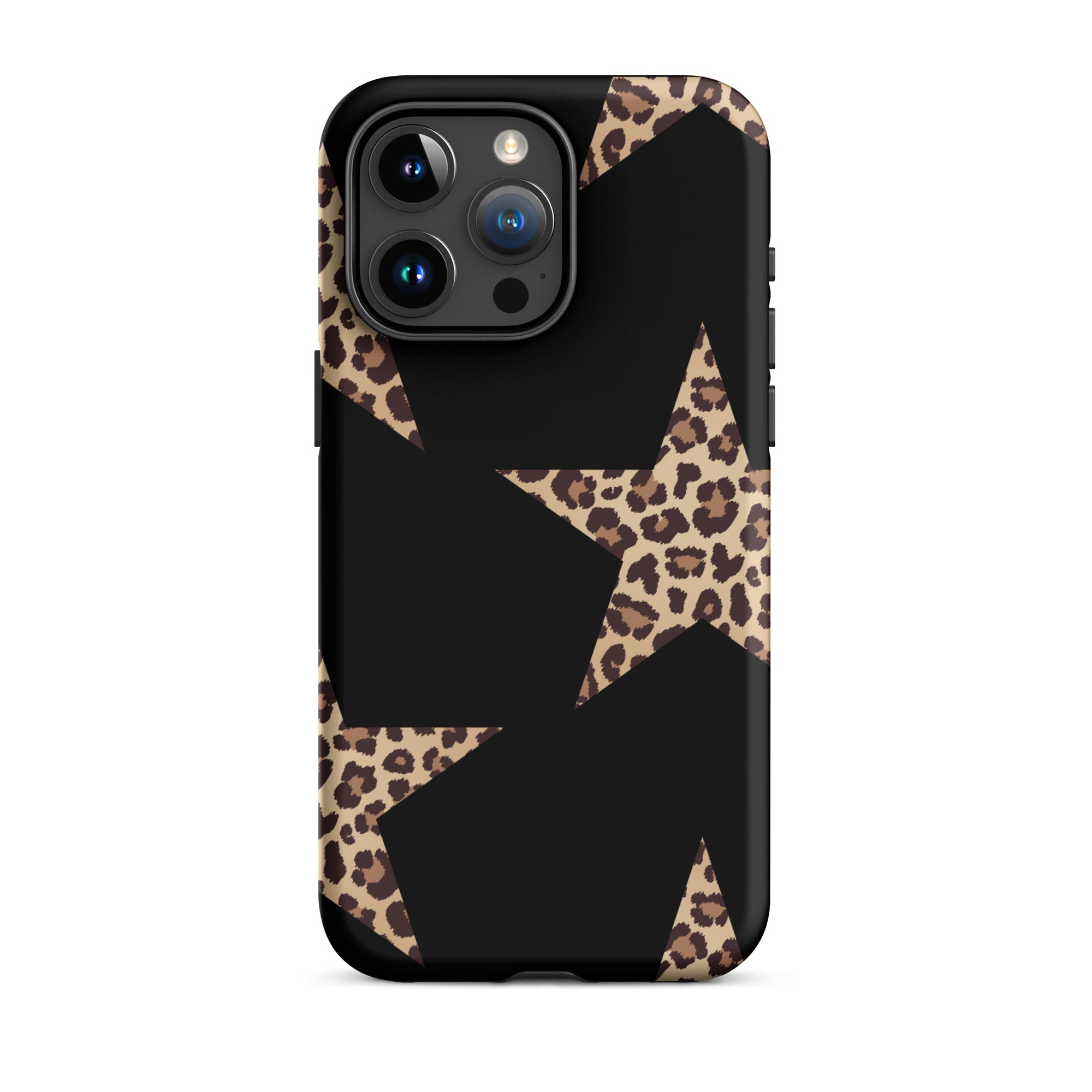 Black iPhone case with leopard-print star accents and dual-layer protection.