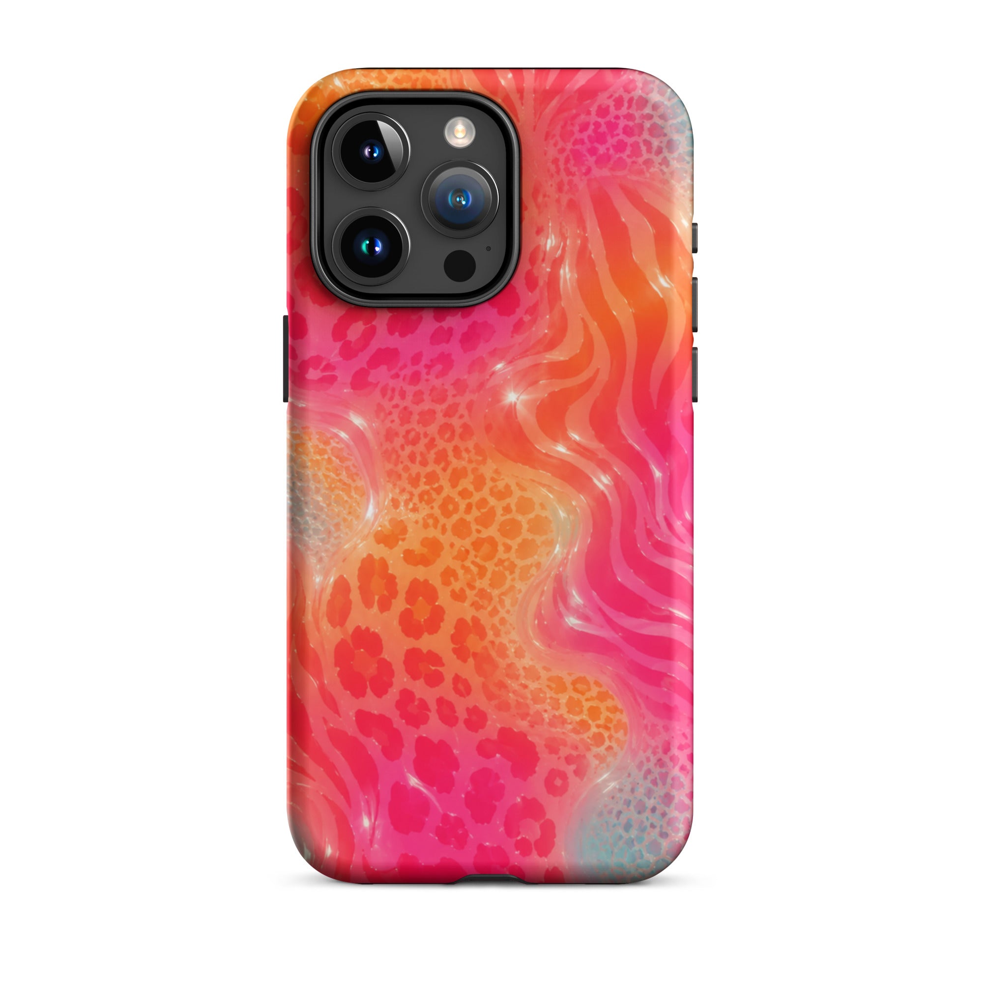 Front view of stylish animal print iPhone case with impact absorption design