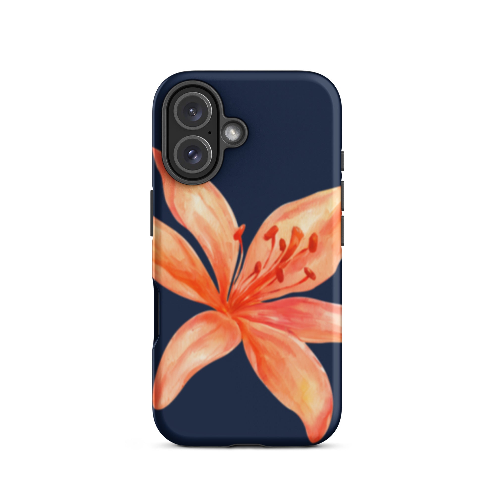 Coral Tiger Lily iPhone Case - Y2K Floral Navy With Glossy Or Matte featuring a vibrant orange flower on navy background phone case