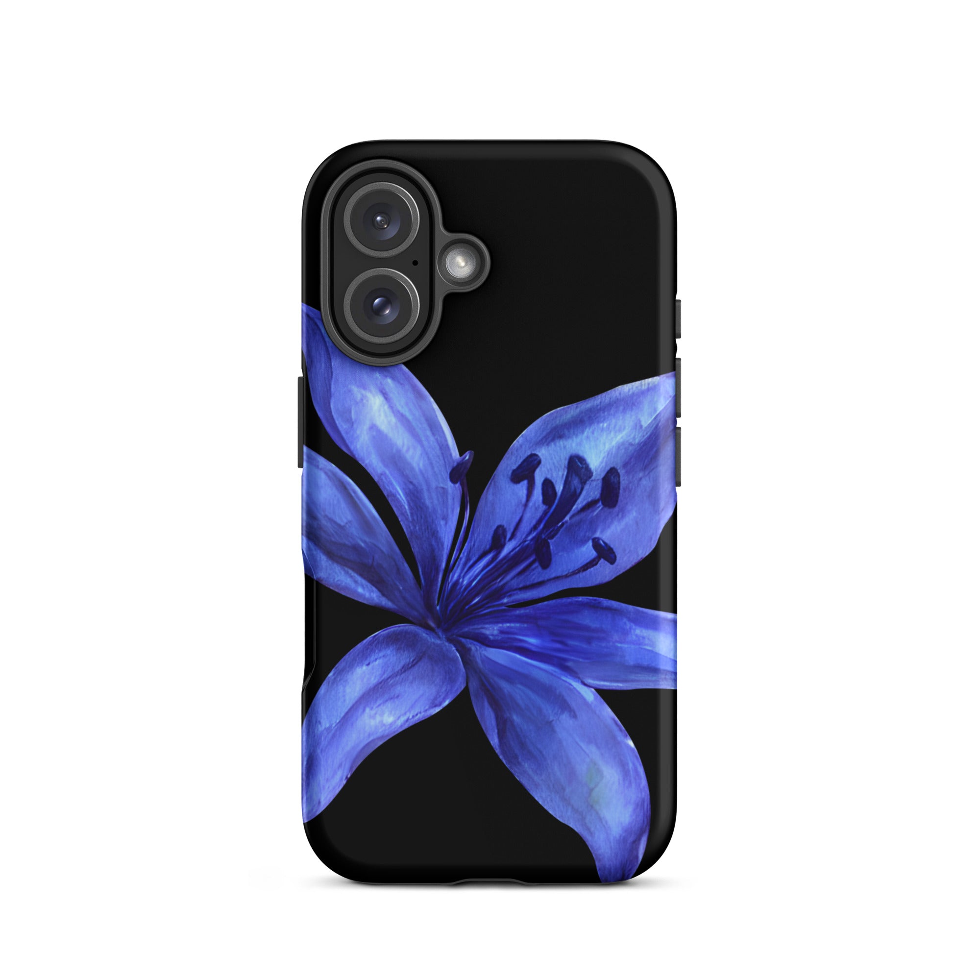 Blue tiger lily design on a black dual-layer iPhone case.