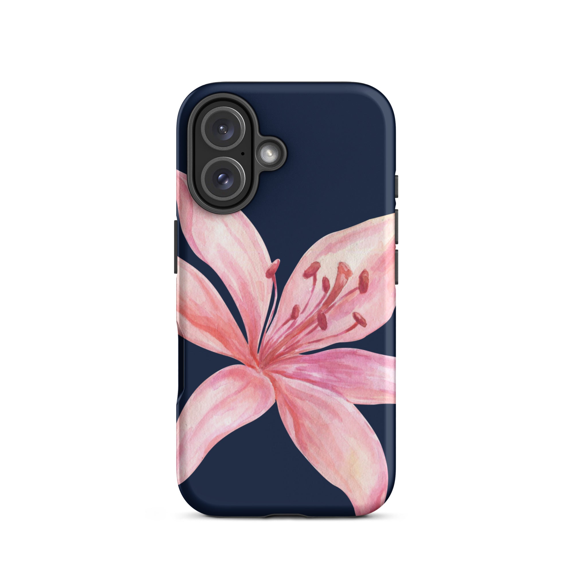 Blue pink tiger lily iPhone case with navy background and pink blossom