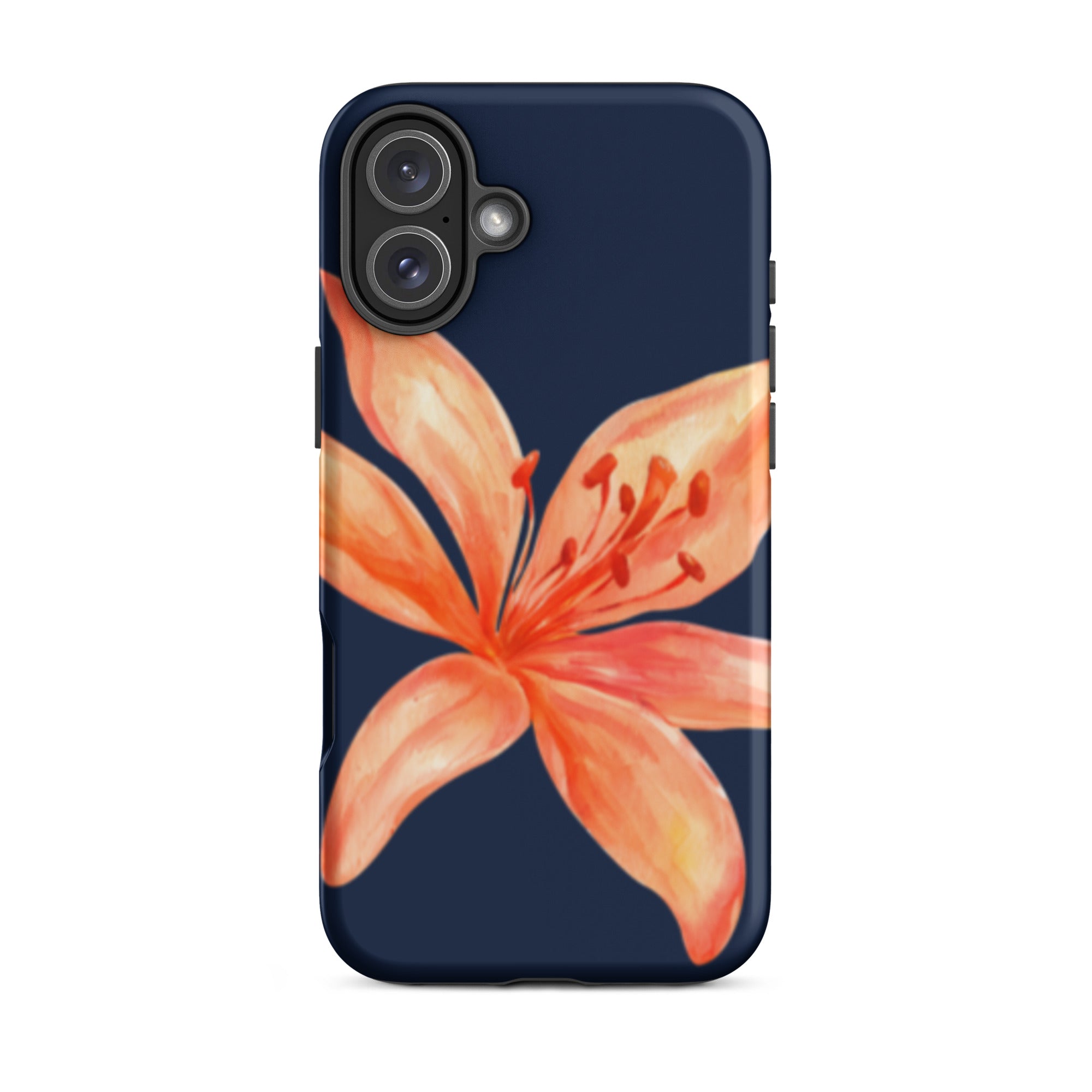 Coral Tiger Lily iPhone Case - Y2K Floral Navy With Glossy Or Matte featuring a large coral lily on a navy background