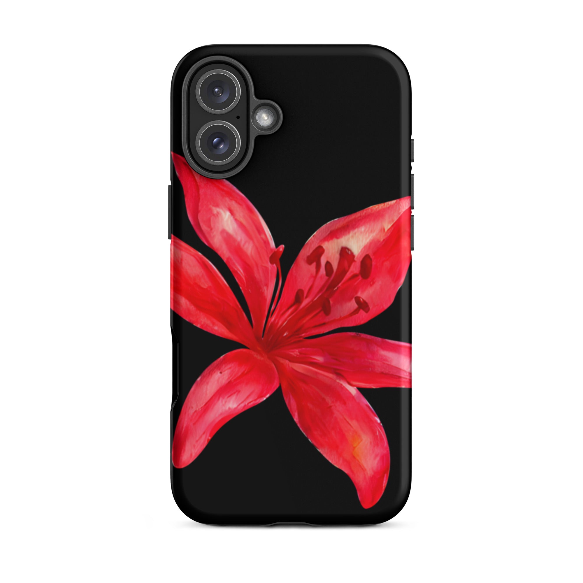 Red Tiger Lily IPhone Case - Y2K Floral Black Phone Case With Dual Layer Protection In Glossy Or Matte Finish showing red flower design