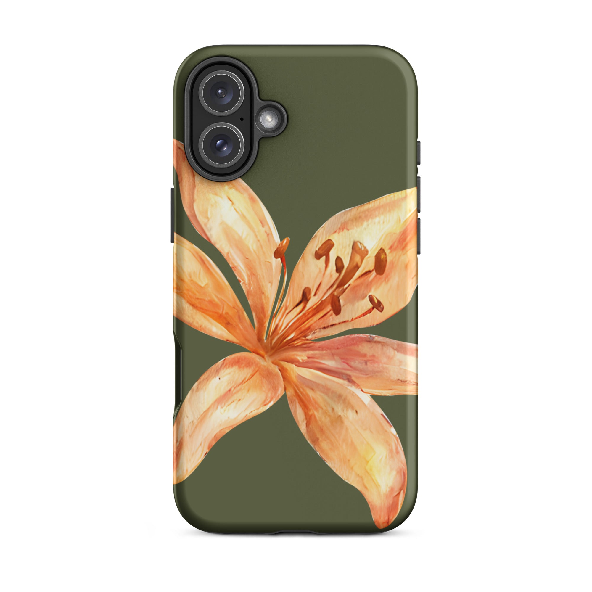 Tiger Lily IPhone Case - Botanical Art Floral y2k preppy Phone cover with orange lily design on olive green background