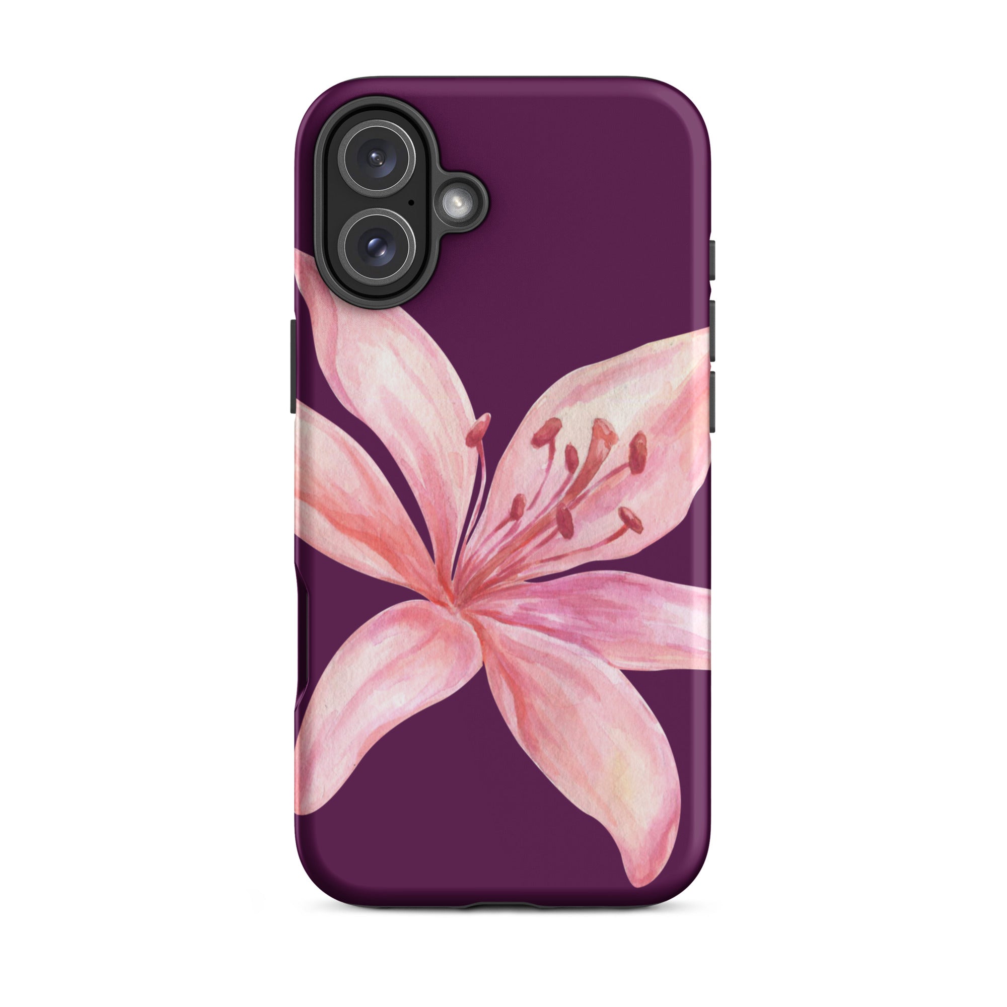 Tiger Lily Purple Pink iPhone Case - Dual Layer Protection With Polycarbonate Outer Shell featuring pink flower design on purple background
