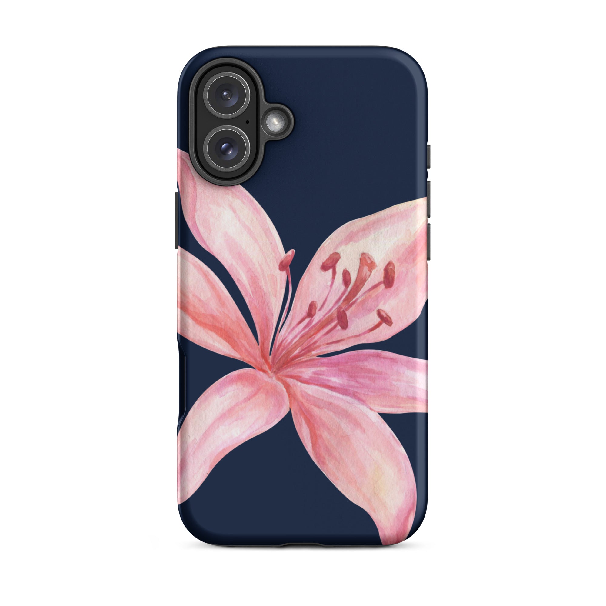 Blue pink tiger lily iPhone case with dual-layer polycarbonate outer shell and TPU interior.