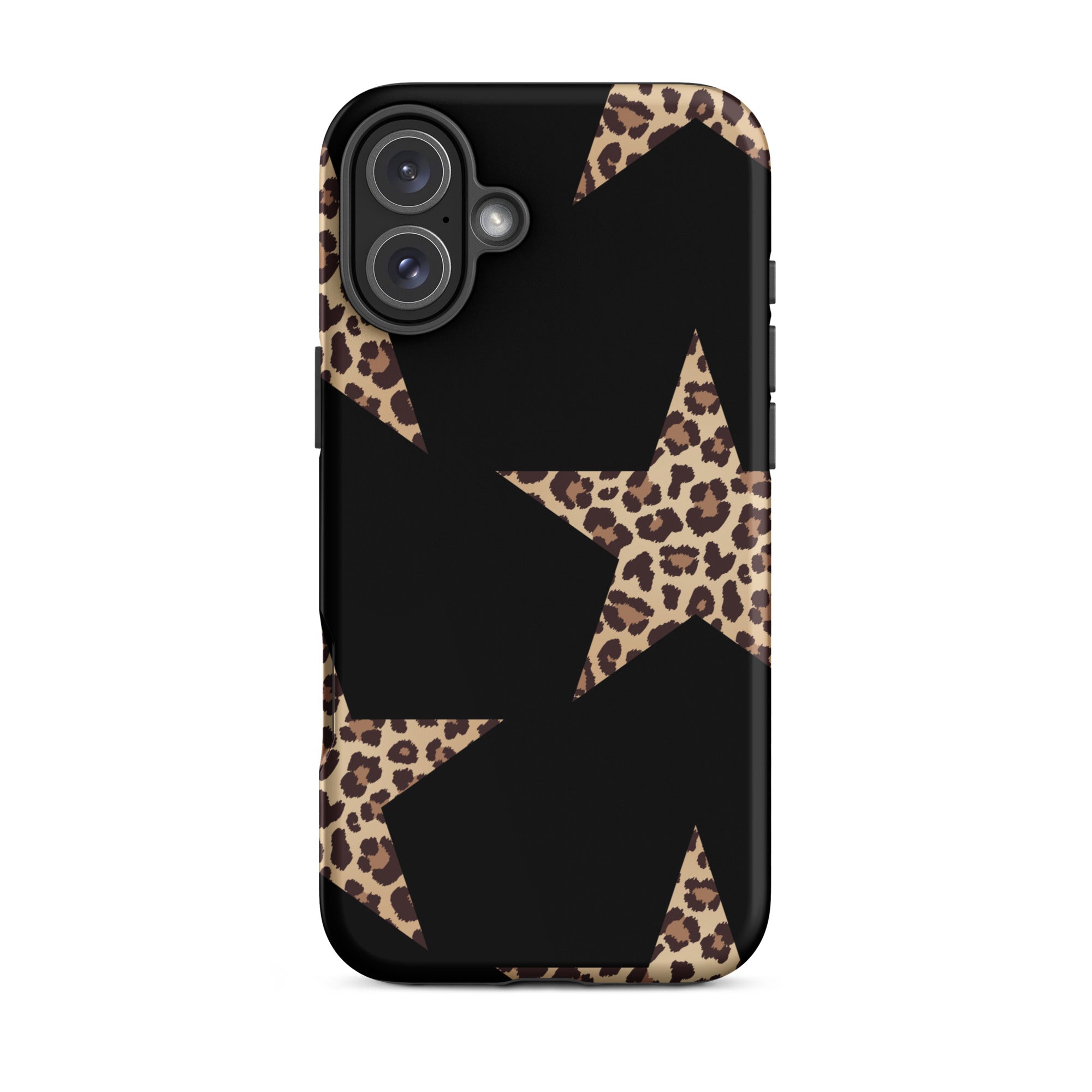Black iPhone case with leopard-print stars forming a bold star pattern; dual-layer protection.