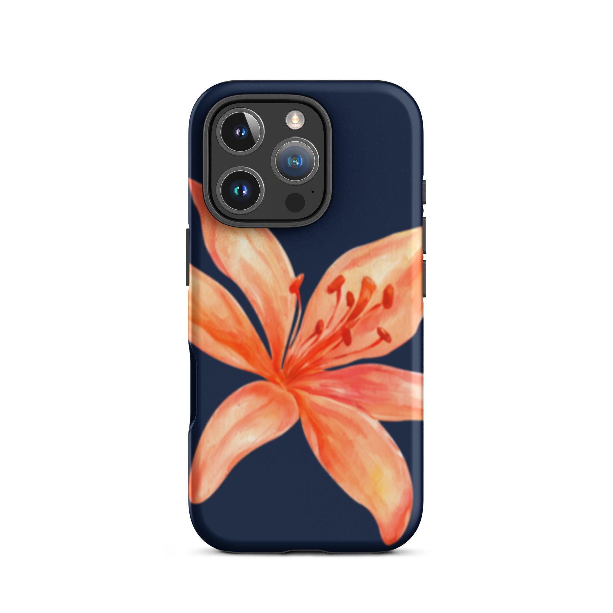 Coral Tiger Lily iPhone Case - Y2K Floral Navy With Glossy Or Matte featuring a large coral lily on navy background for iPhone cases.