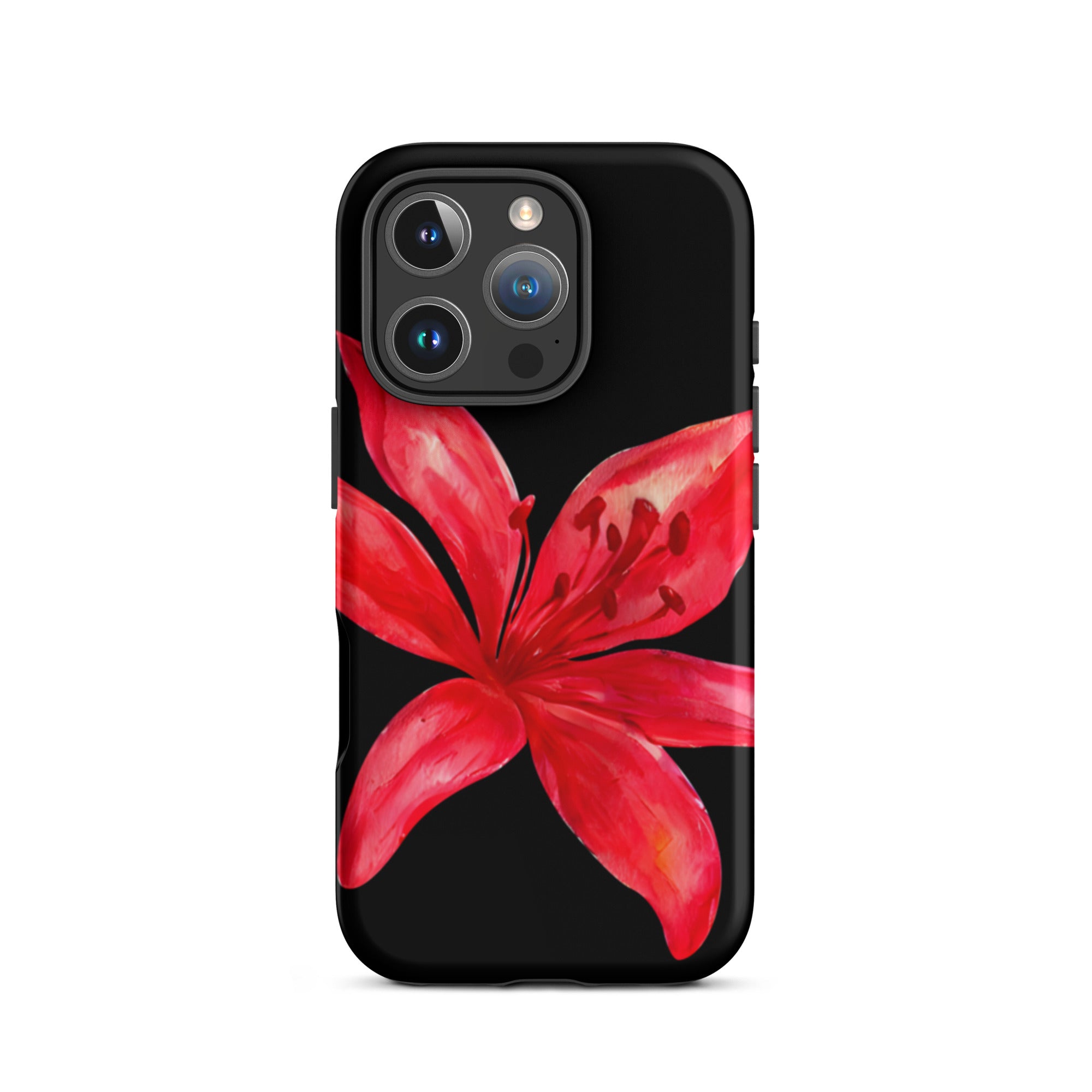 Red Tiger Lily IPhone Case - Y2K Floral Black Phone Case With Dual Layer Protection In Glossy Or Matte Finish displaying a vivid red flower design