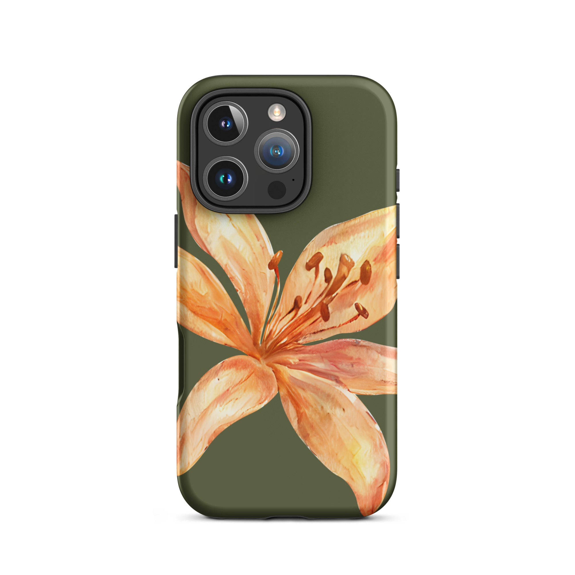Tiger Lily IPhone Case - Botanical Art Floral y2k preppy Phone cover with orange lily on olive green background