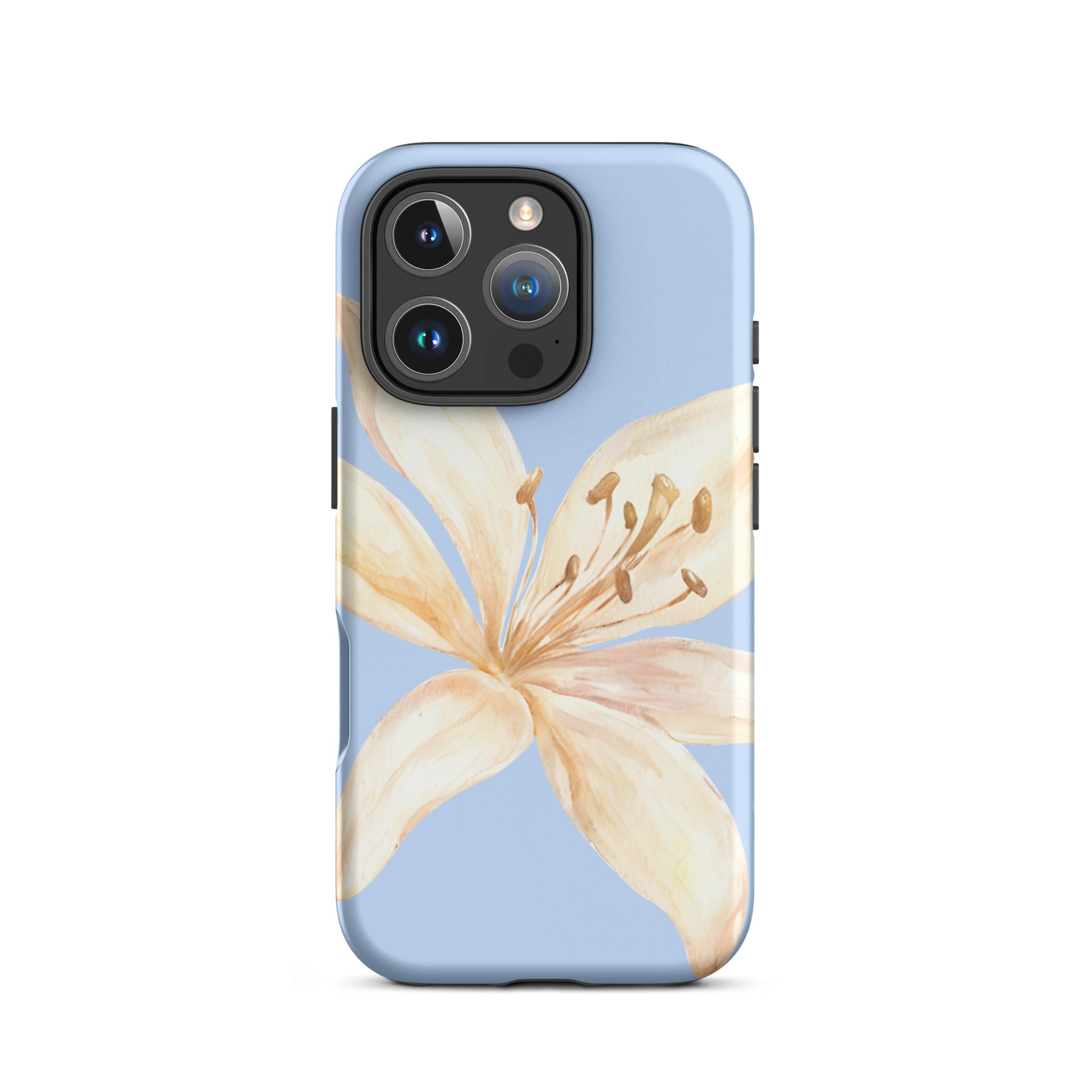 Sky Blue Off White Tiger Lily IPhone Case - Floral y2k preppy phone cover with delicate flower design on blue background