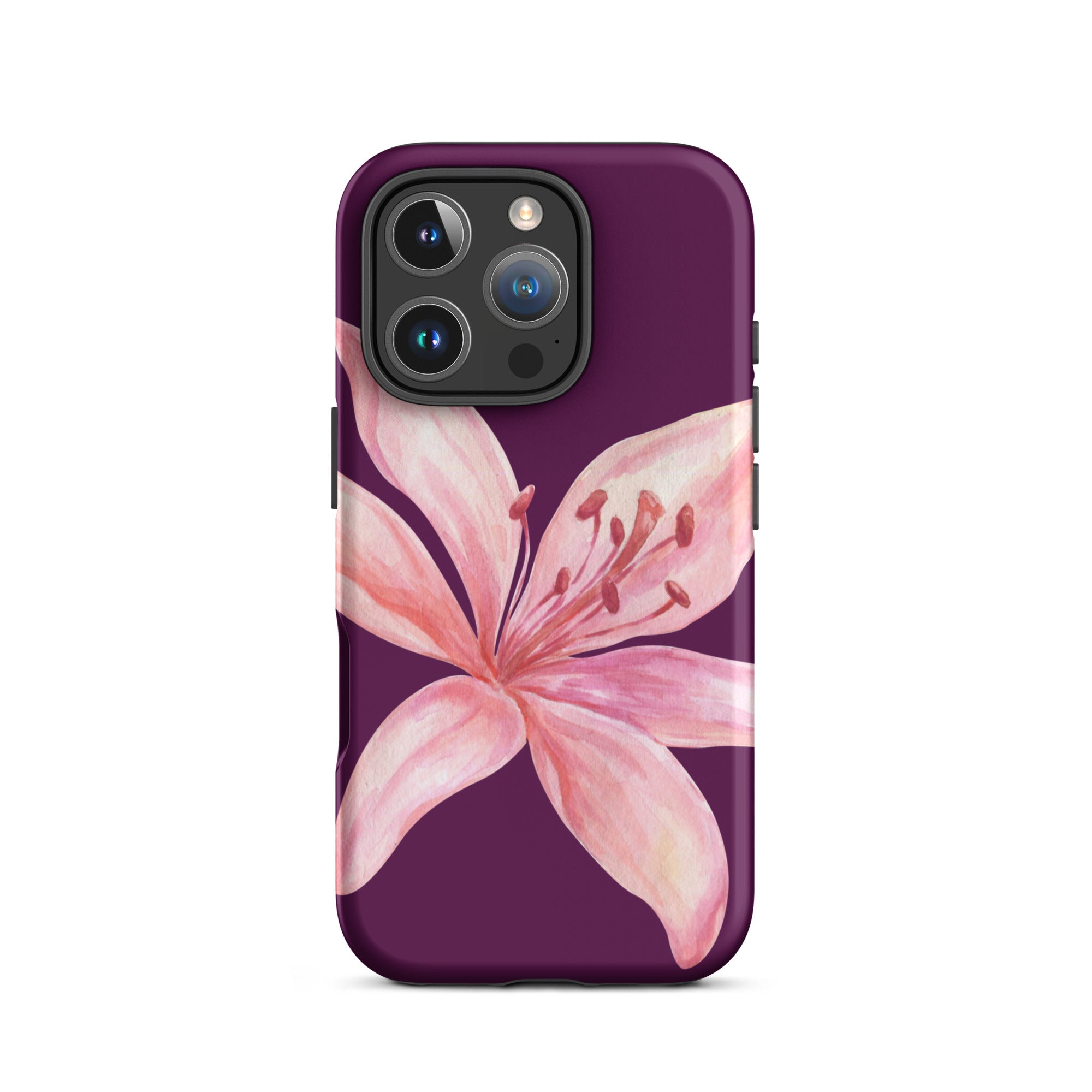 Tiger Lily Purple Pink iPhone Case - Dual Layer Protection With Polycarbonate Outer Shell featuring a pink lily design on purple background