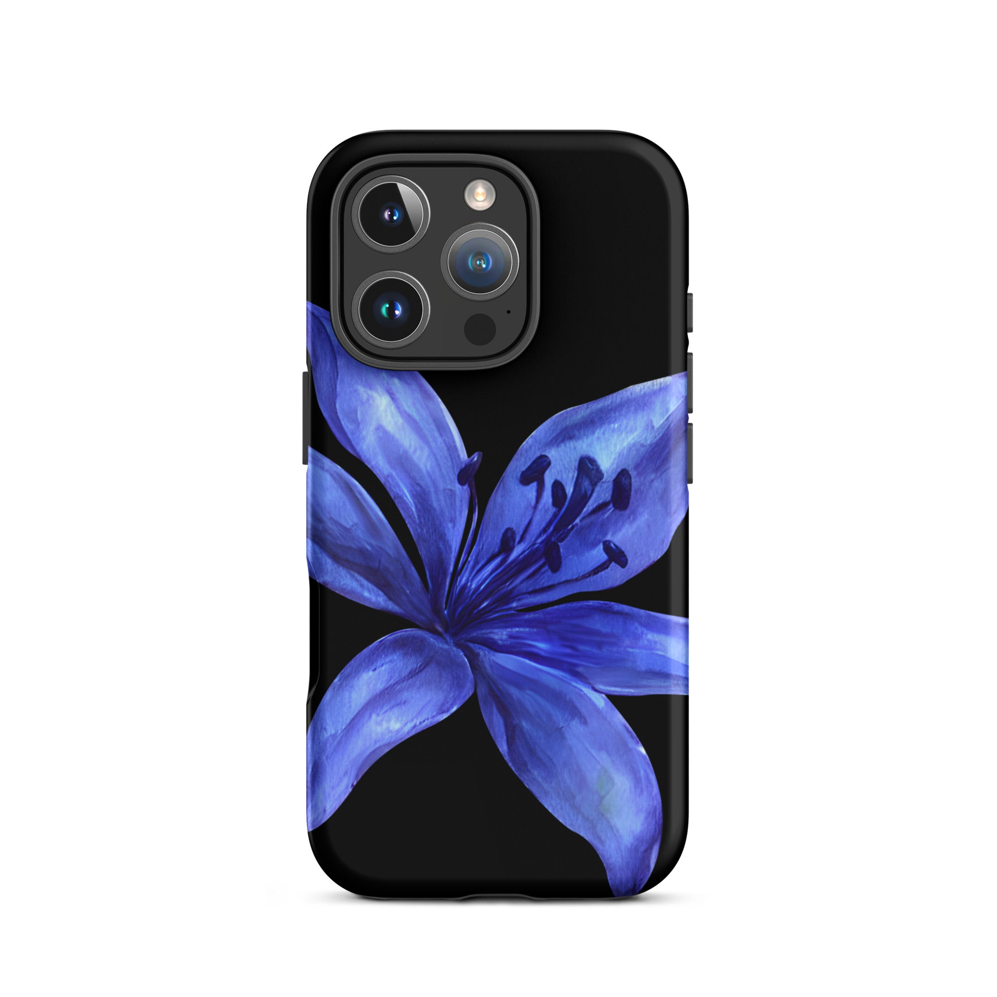 Blue tiger lily iPhone case on black backdrop; dual-layer polycarbonate outer shell with TPU lining.