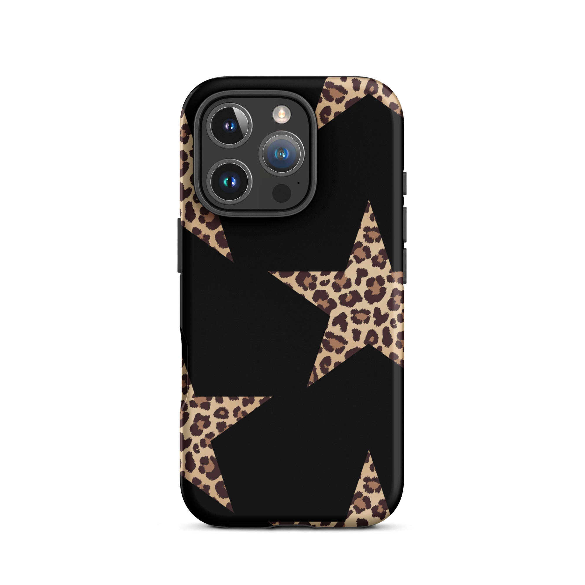 Black Cheetah Stars iPhone case with leopard-print stars on black background; dual-layer protective cover.
