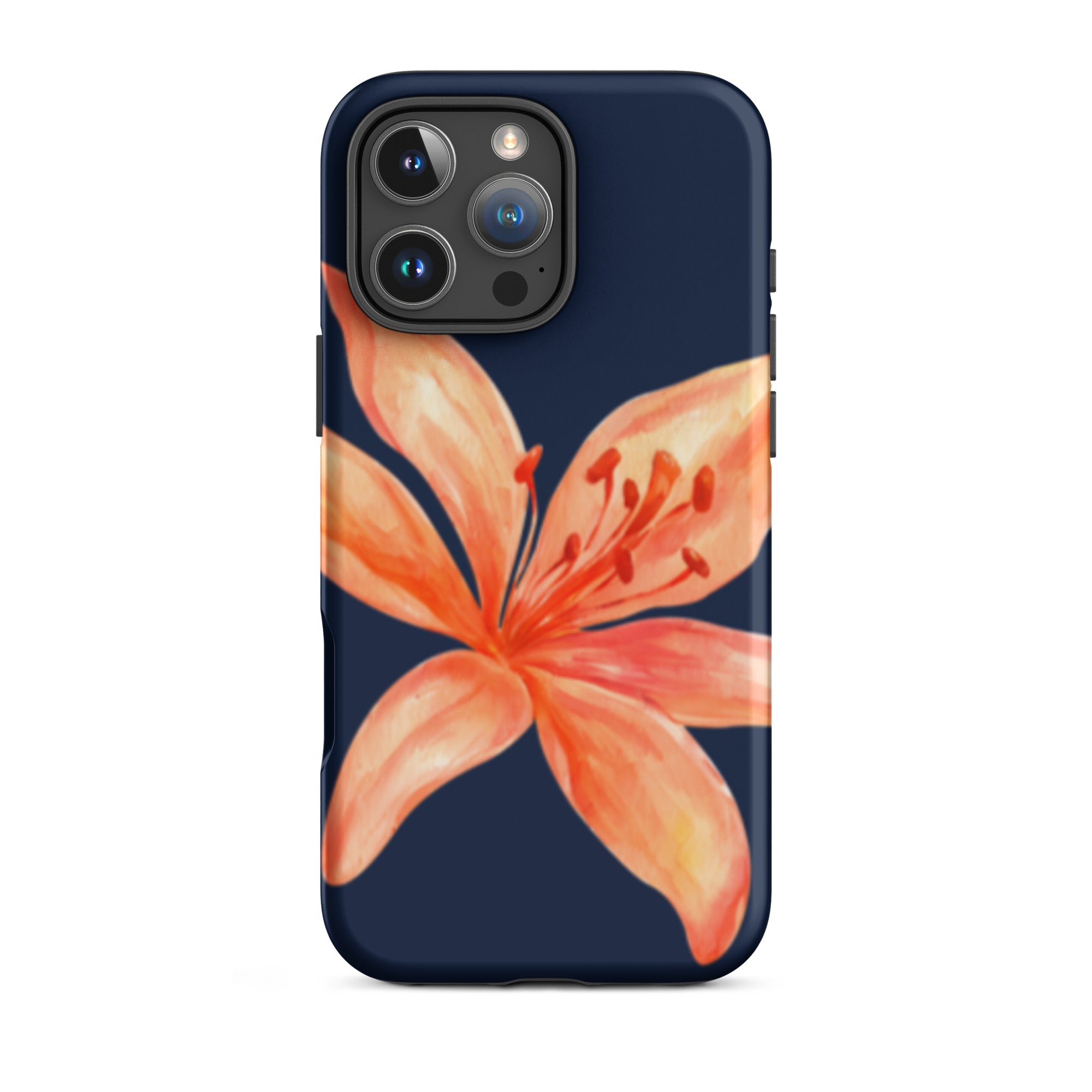 Coral Tiger Lily iPhone Case - Y2K Floral Navy With Glossy Or Matte featuring a vibrant orange flower on navy background.