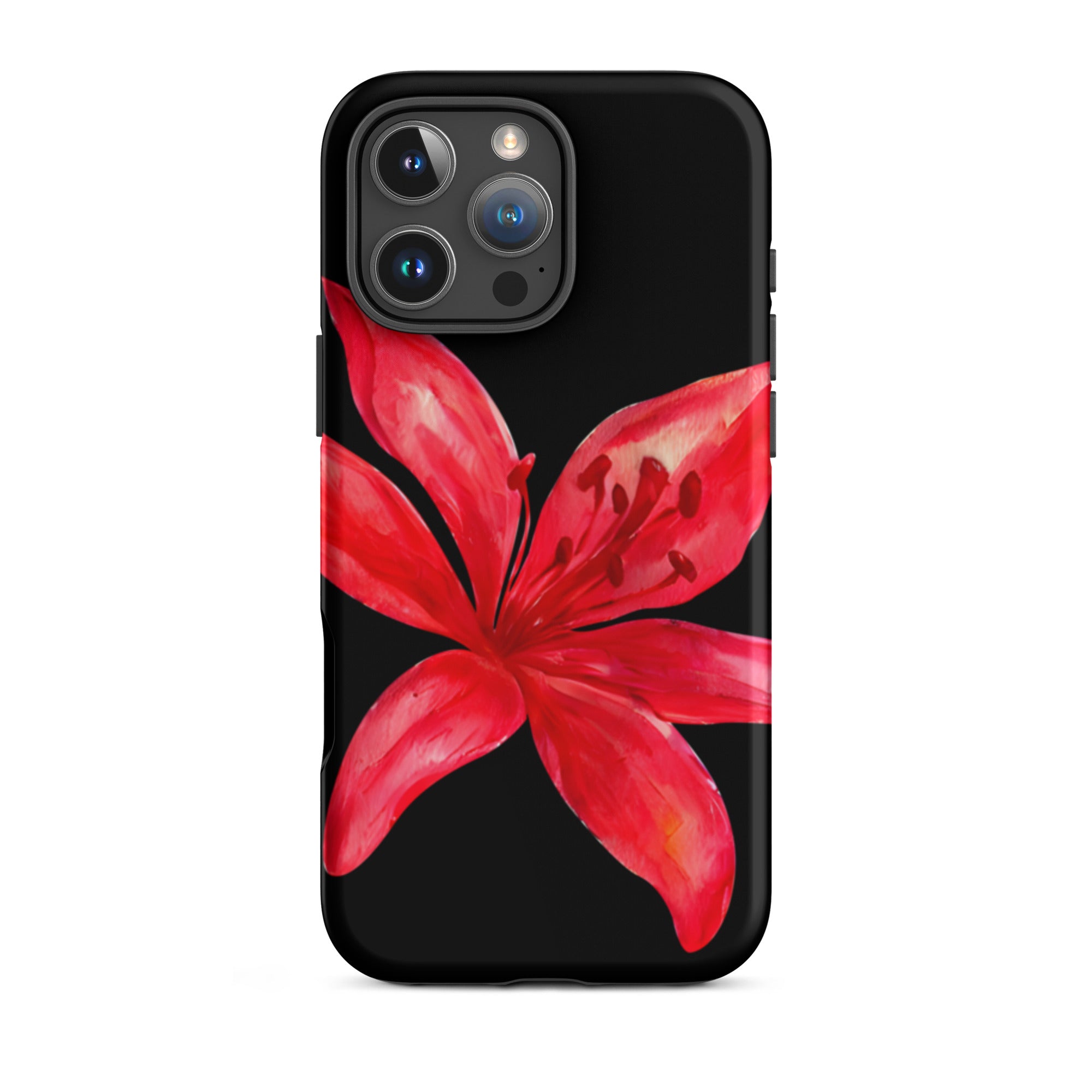 Red Tiger Lily IPhone Case - Y2K Floral Black Phone Case With Dual Layer Protection In Glossy Or Matte Finish with red flower design