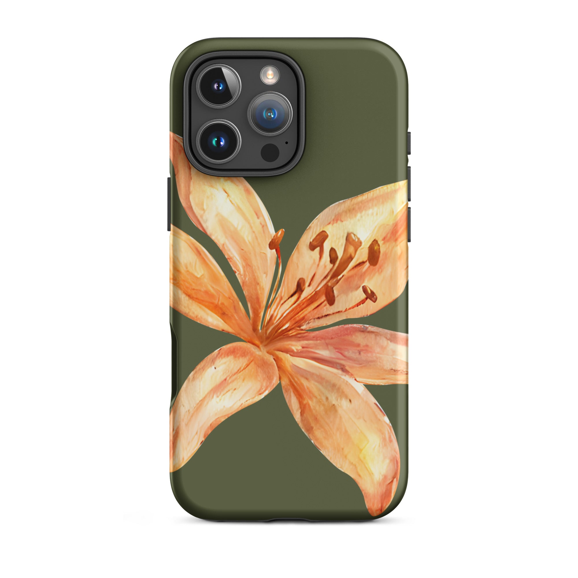 Tiger Lily IPhone Case - Botanical Art Floral y2k preppy Phone cover with orange lily design on olive green background
