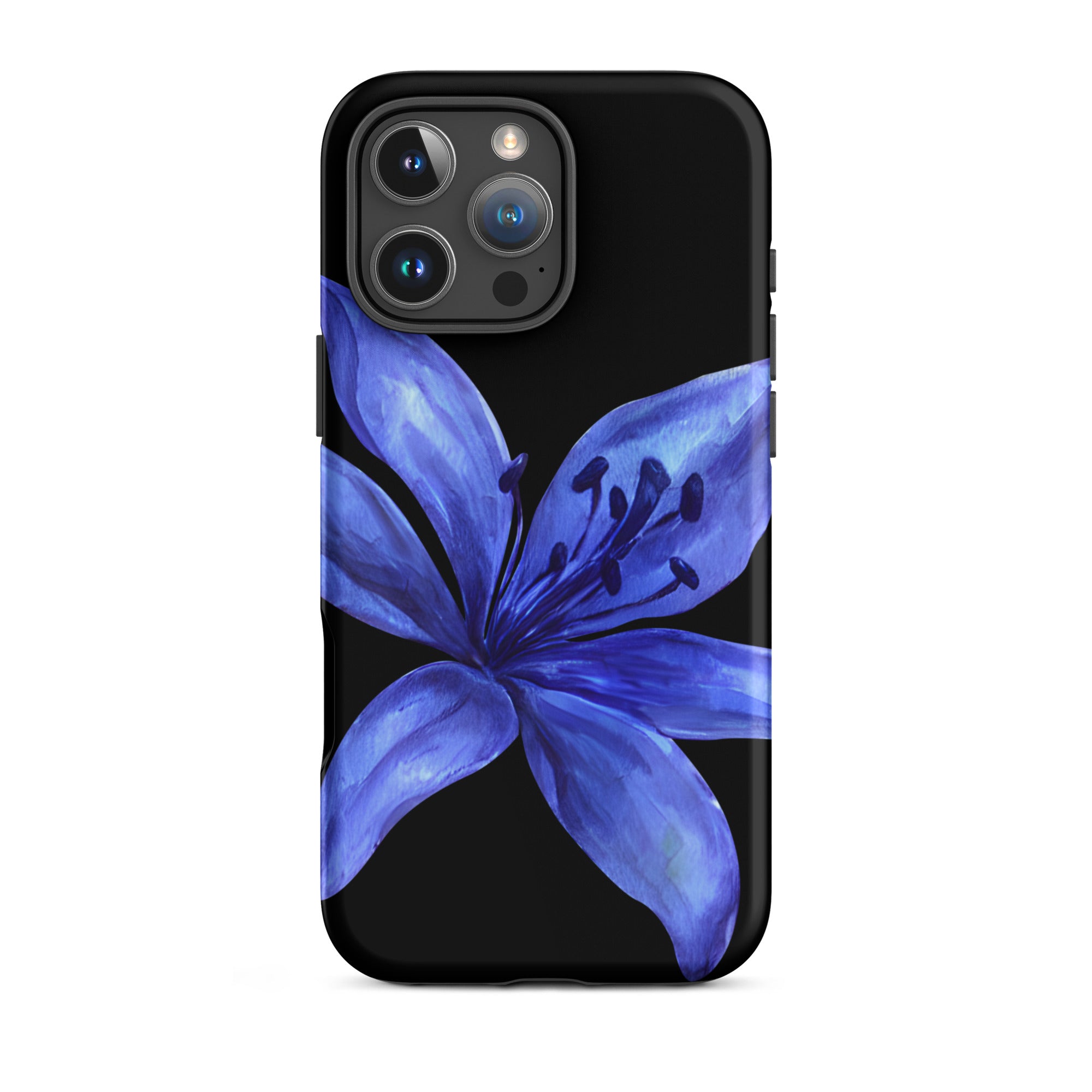 Blue tiger lily design on black iPhone case with a durable dual-layer polycarbonate exterior and TPU interior.
