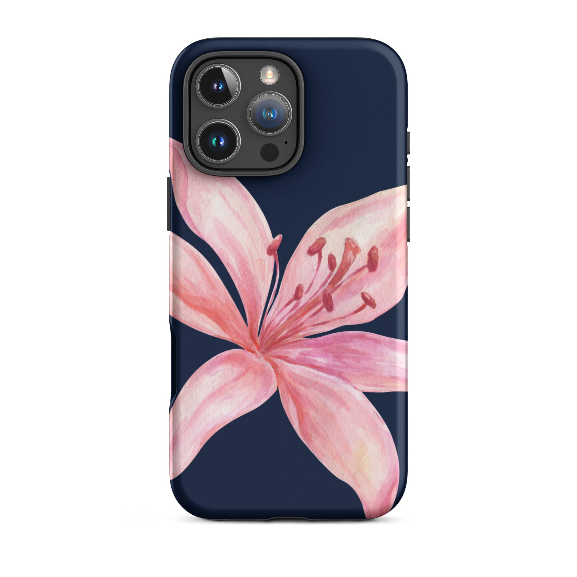 Navy blue iPhone case with pink tiger lily watercolor design.