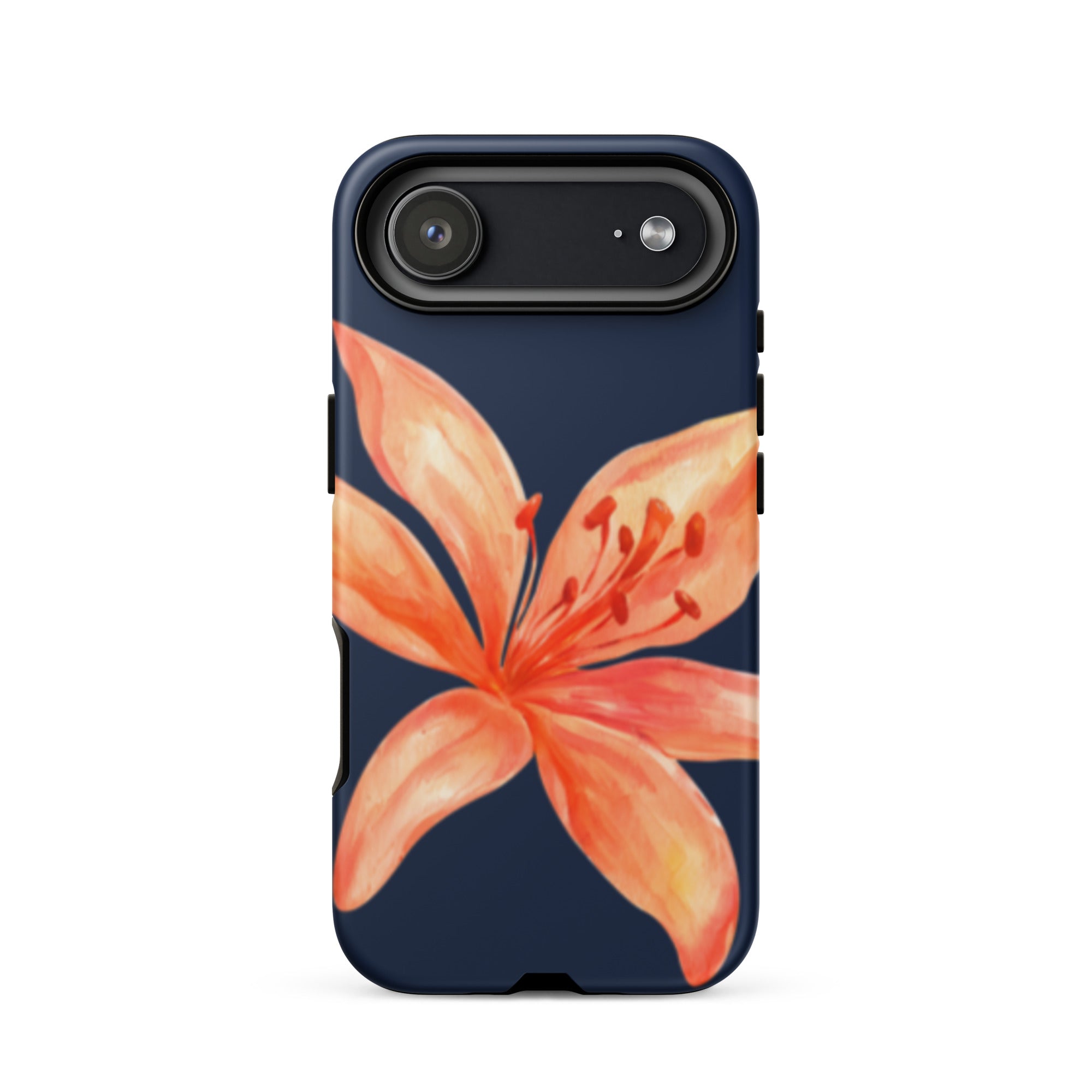 Coral Tiger Lily iPhone Case - Y2K Floral Navy With Glossy Or Matte featuring a vibrant orange flower design on navy background