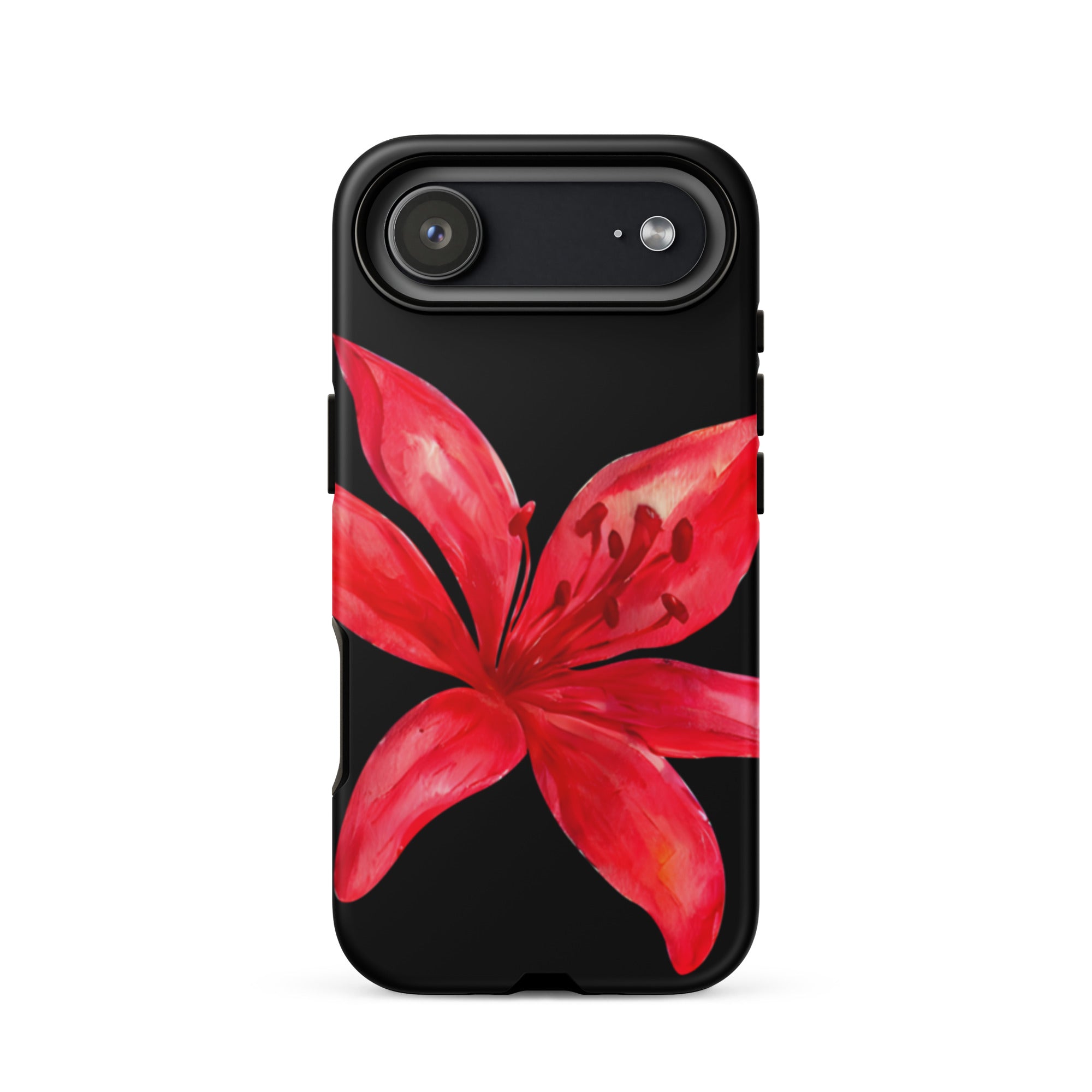 Red Tiger Lily IPhone Case - Y2K Floral Black Phone Case With Dual Layer Protection In Glossy Or Matte Finish featuring bold red flower design