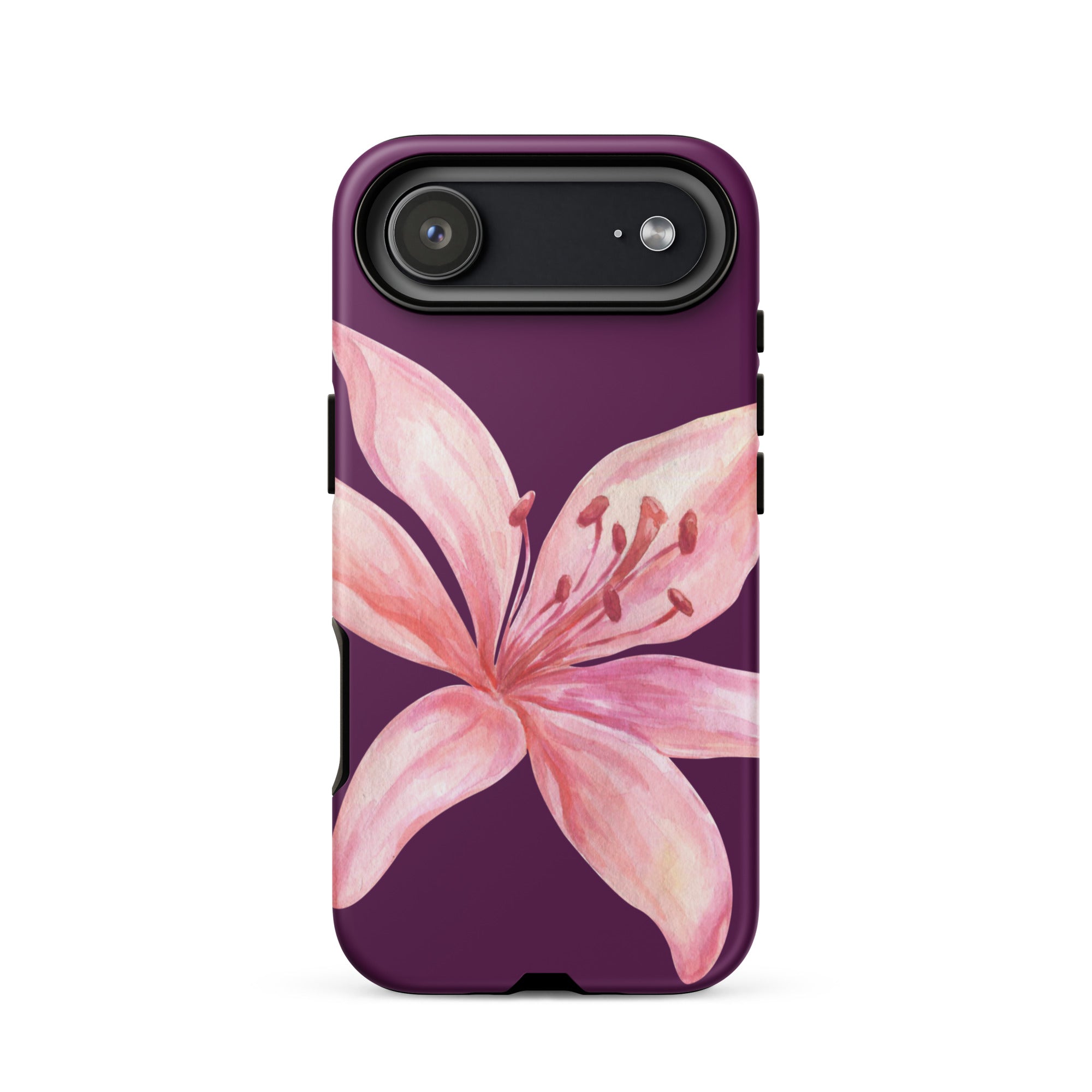 Tiger Lily Purple Pink iPhone Case - Dual Layer Protection With Polycarbonate Outer Shell featuring a pink lily on purple background