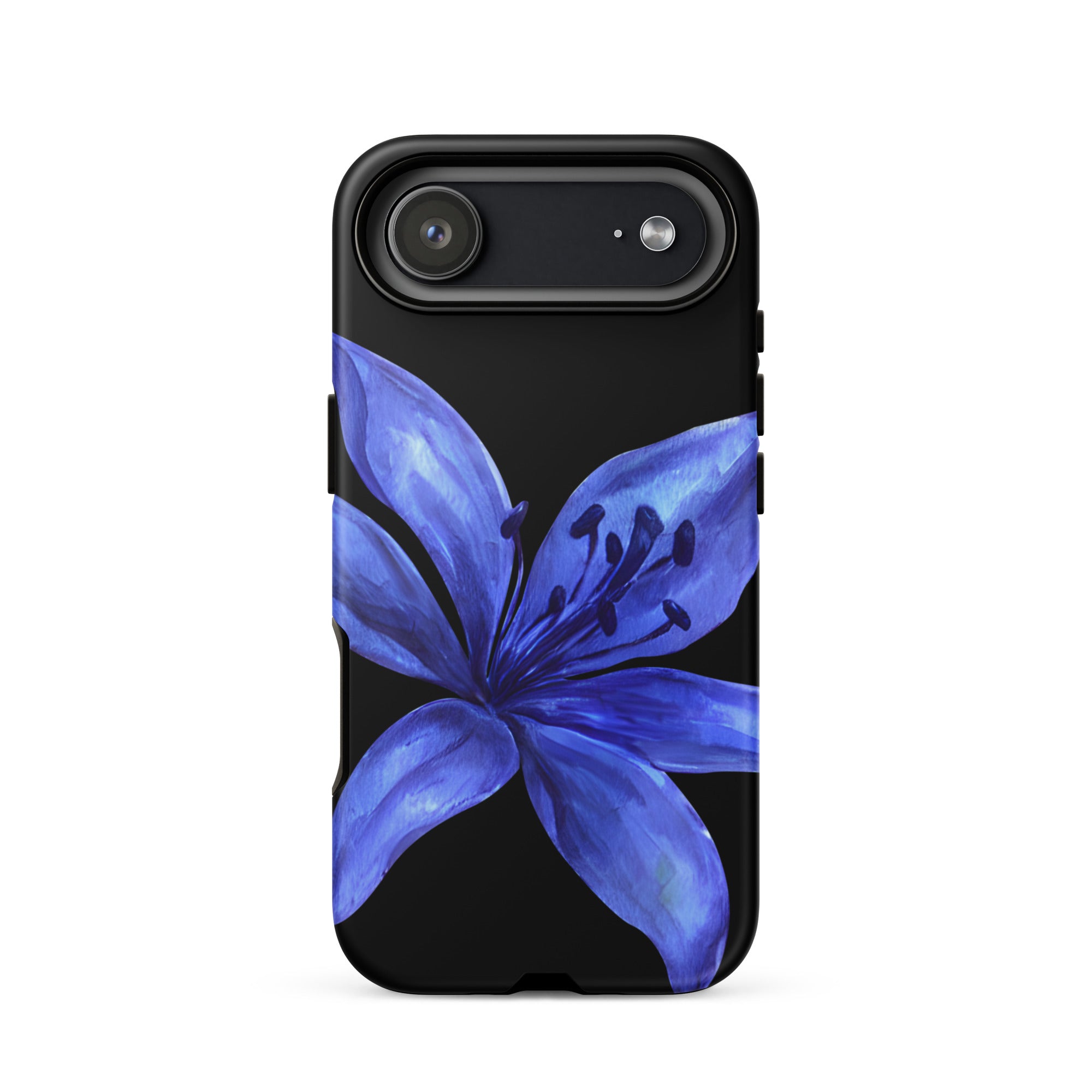 Blue tiger lily design on black dual-layer iPhone case with polycarbonate outer shell and TPU lining.