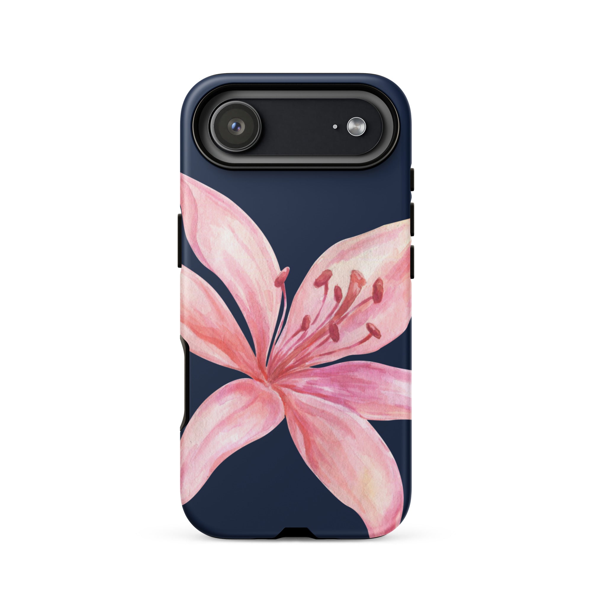 Blue navy iPhone case with pink tiger lily artwork; dual-layer polycarbonate shell and TPU lining.