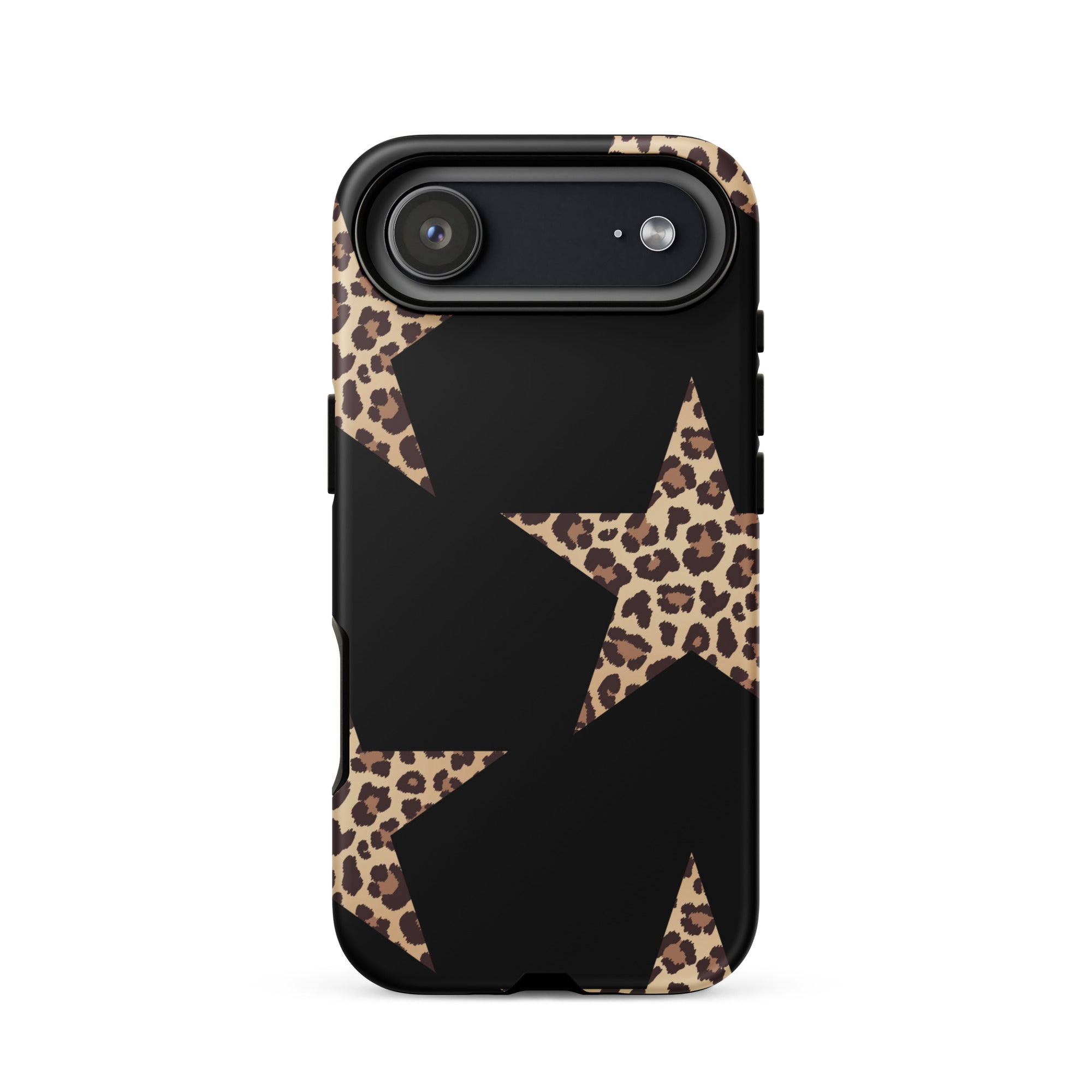 Black iPhone case with leopard-print star pattern and dual-layer protection.