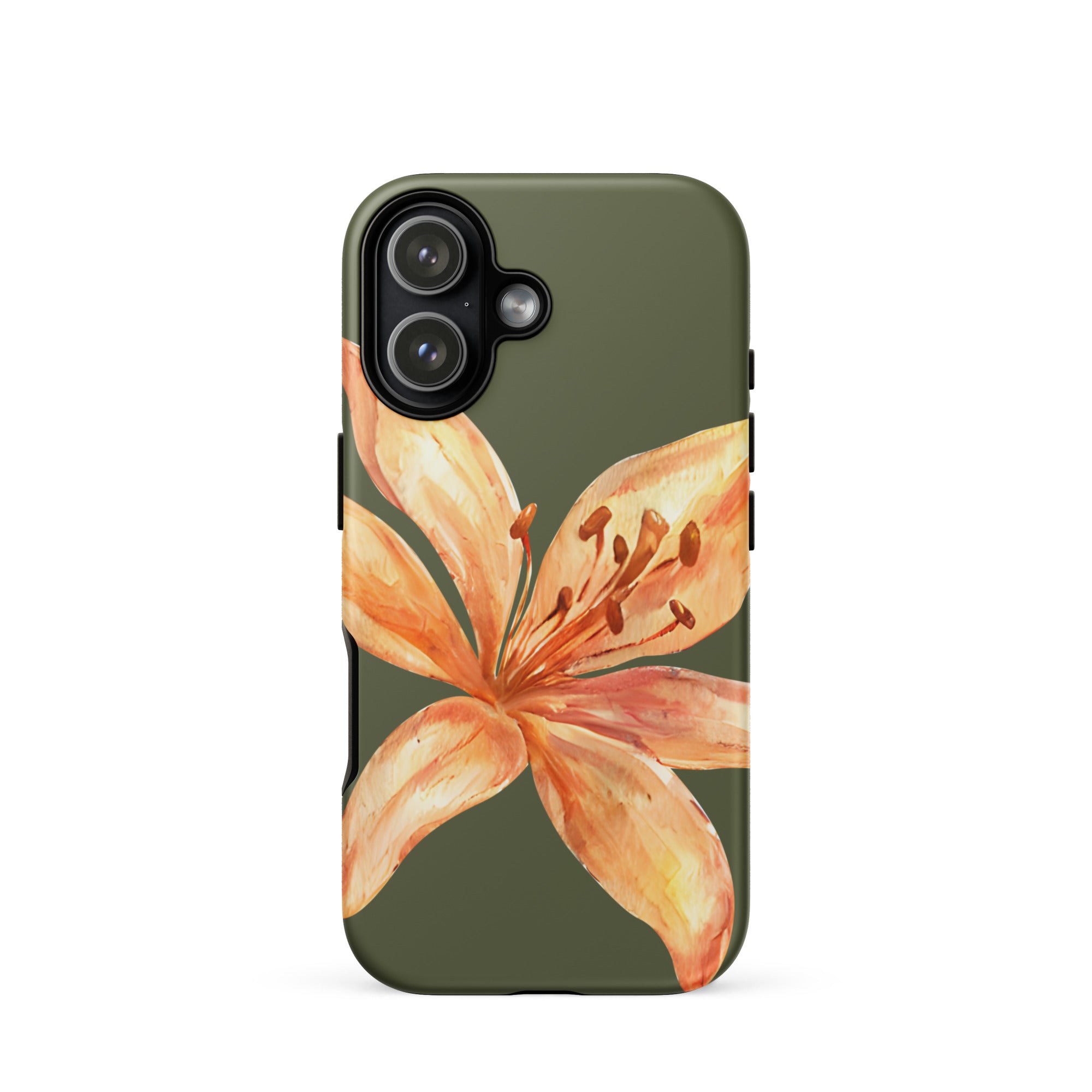 Tiger Lily IPhone Case - Botanical Art Floral y2k preppy Phone cover with large orange lily on olive green background