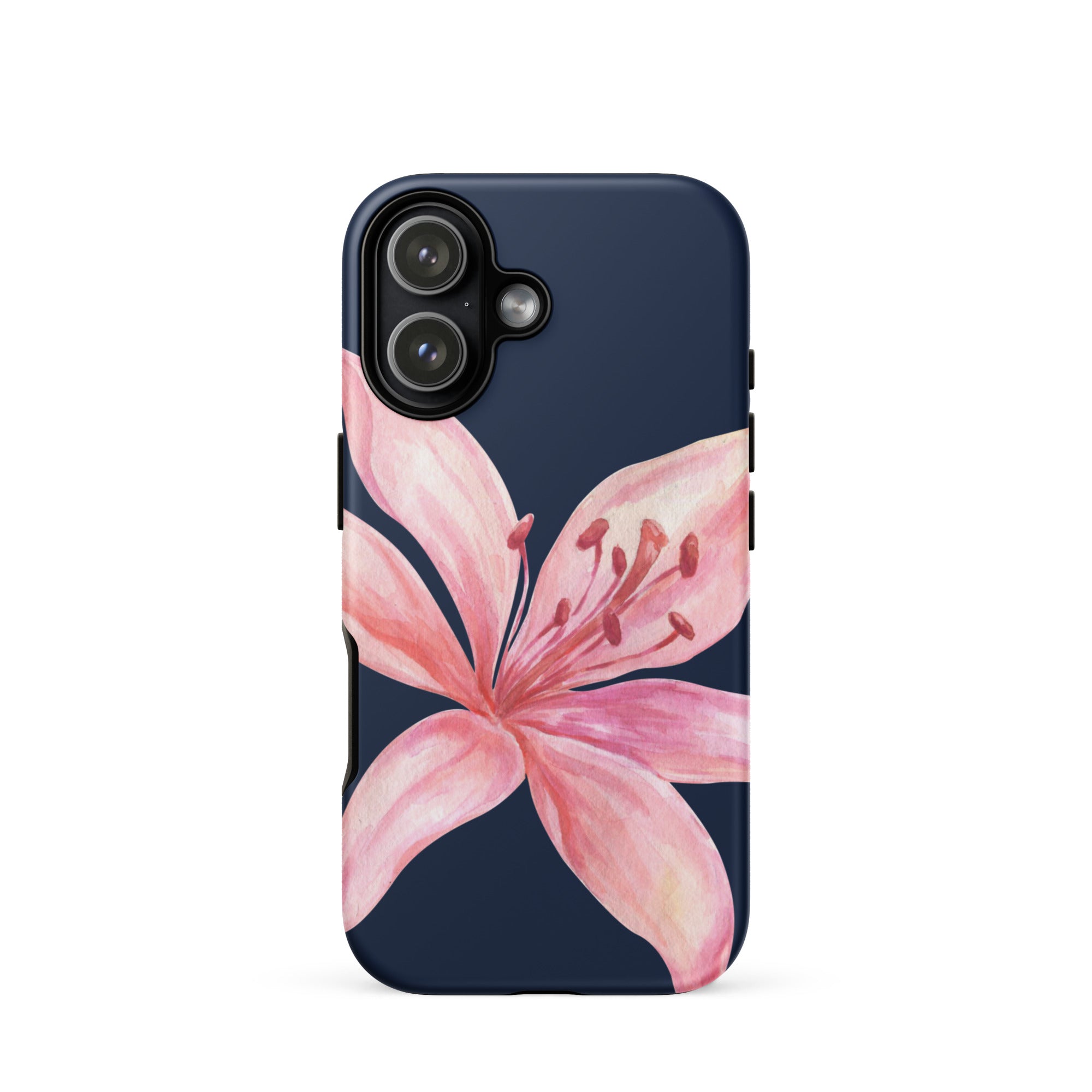 Blue pink tiger lily iPhone case with pink flower on navy, dual-layer polycarbonate outer shell and TPU lining.