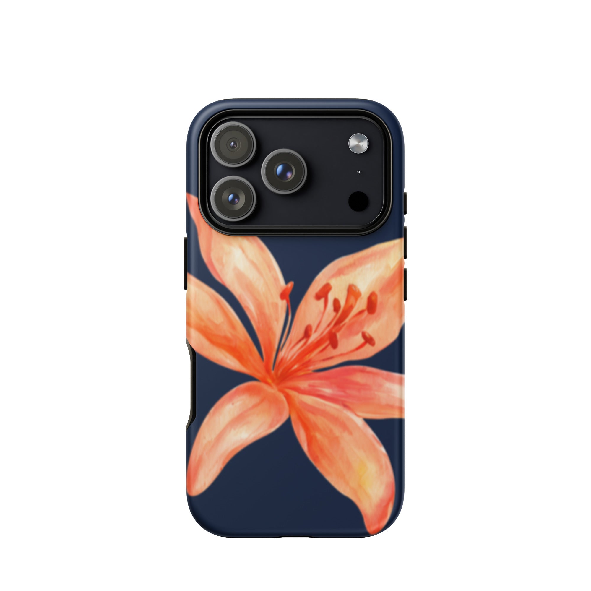 Coral Tiger Lily iPhone Case - Y2K Floral Navy With Glossy Or Matte featuring a large coral flower on navy background