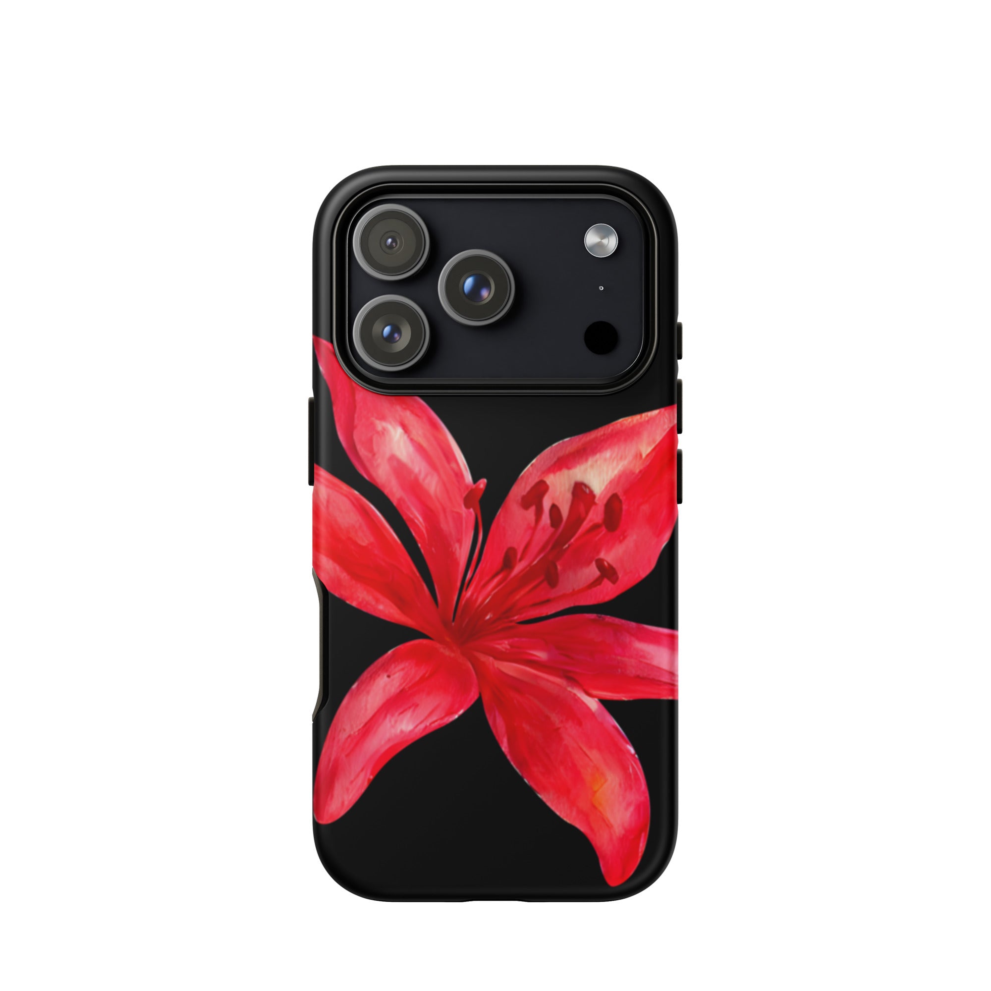 Red Tiger Lily IPhone Case - Y2K Floral Black Phone Case With Dual Layer Protection In Glossy Or Matte Finish showing bold red flower design