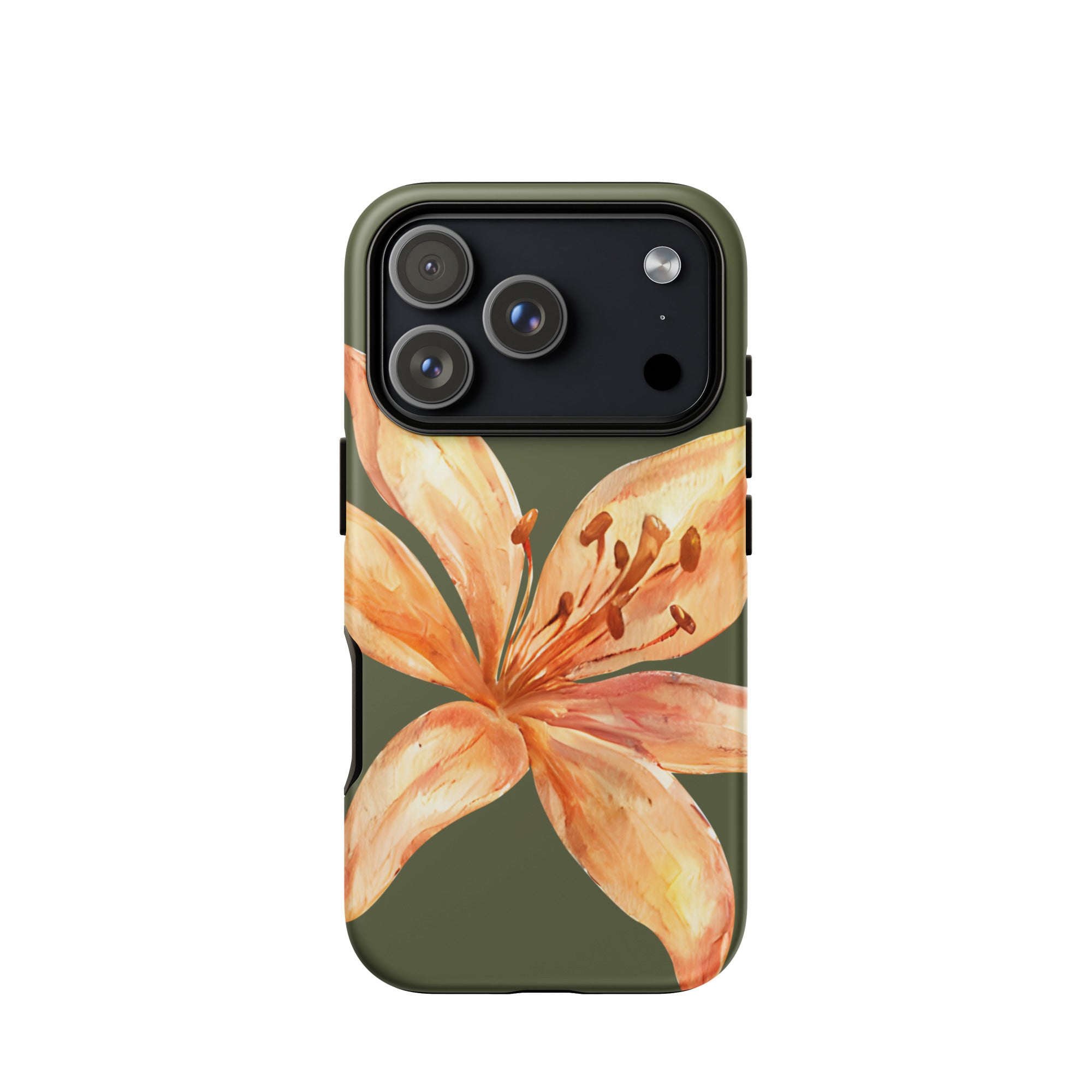 Tiger Lily IPhone Case - Botanical Art Floral y2k preppy Phone cover with orange lily on olive green background