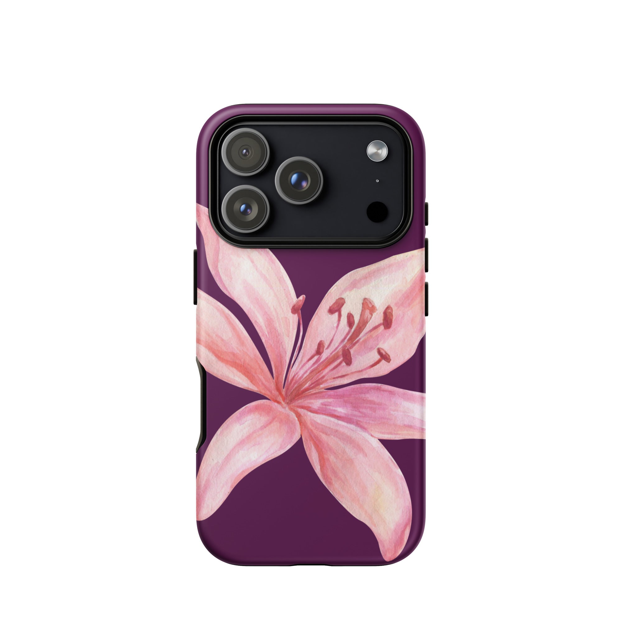 Tiger Lily Purple Pink iPhone Case - Dual Layer Protection With Polycarbonate Outer Shell featuring a large pink lily design on purple background