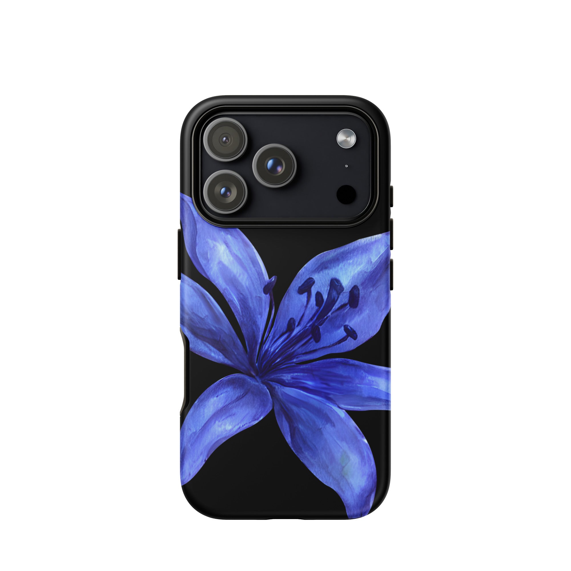 Blue tiger lily iPhone case featuring a black dual-layer polycarbonate outer with TPU inner