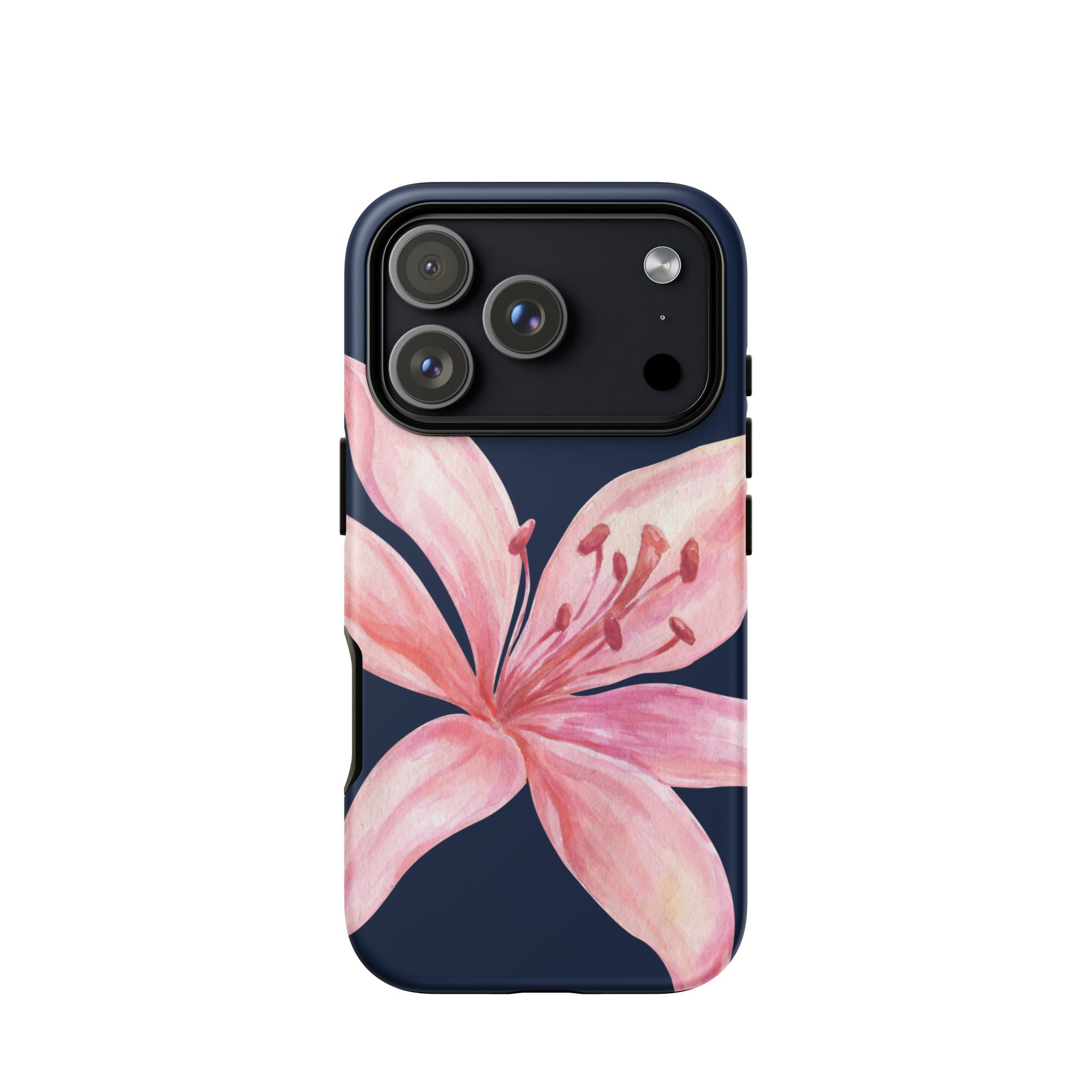 Blue iPhone case with pink tiger lily floral pattern and dual-layer protection.