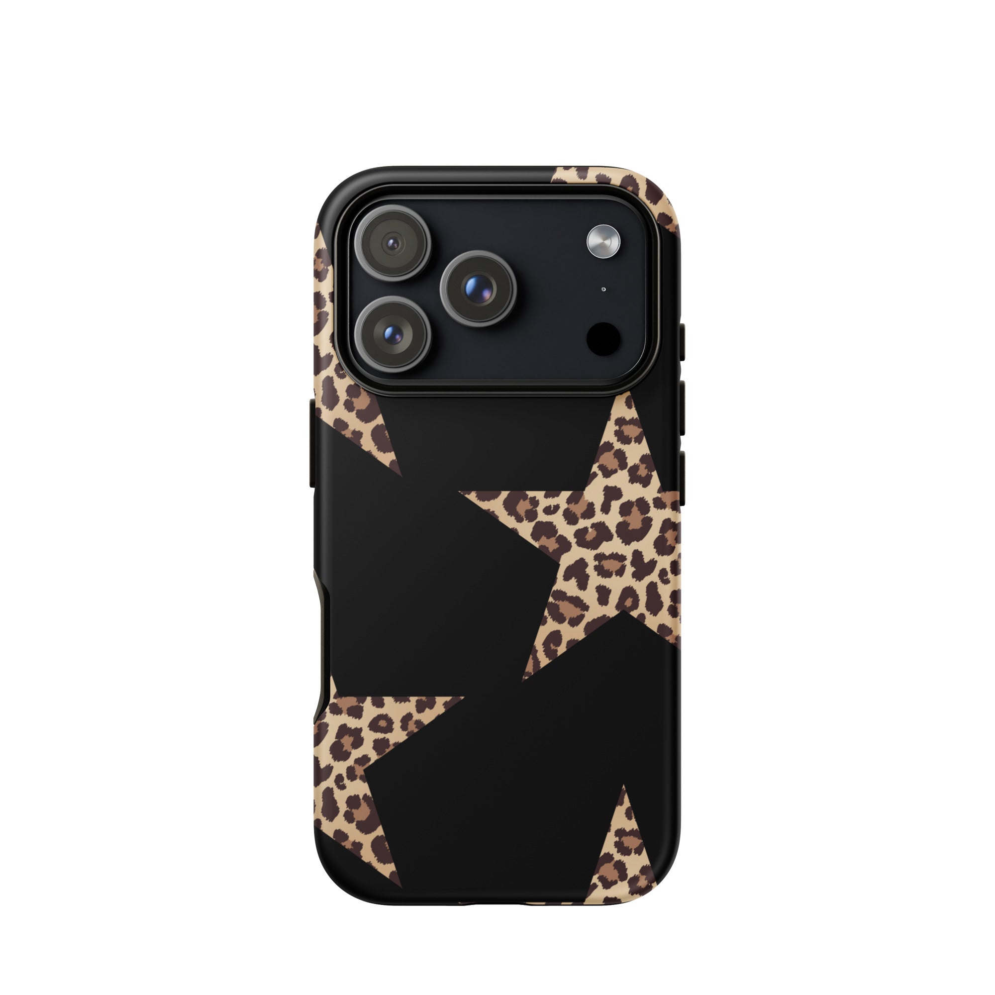 Black Cheetah Stars iPhone case with leopard-print star patterns and dual-layer protection