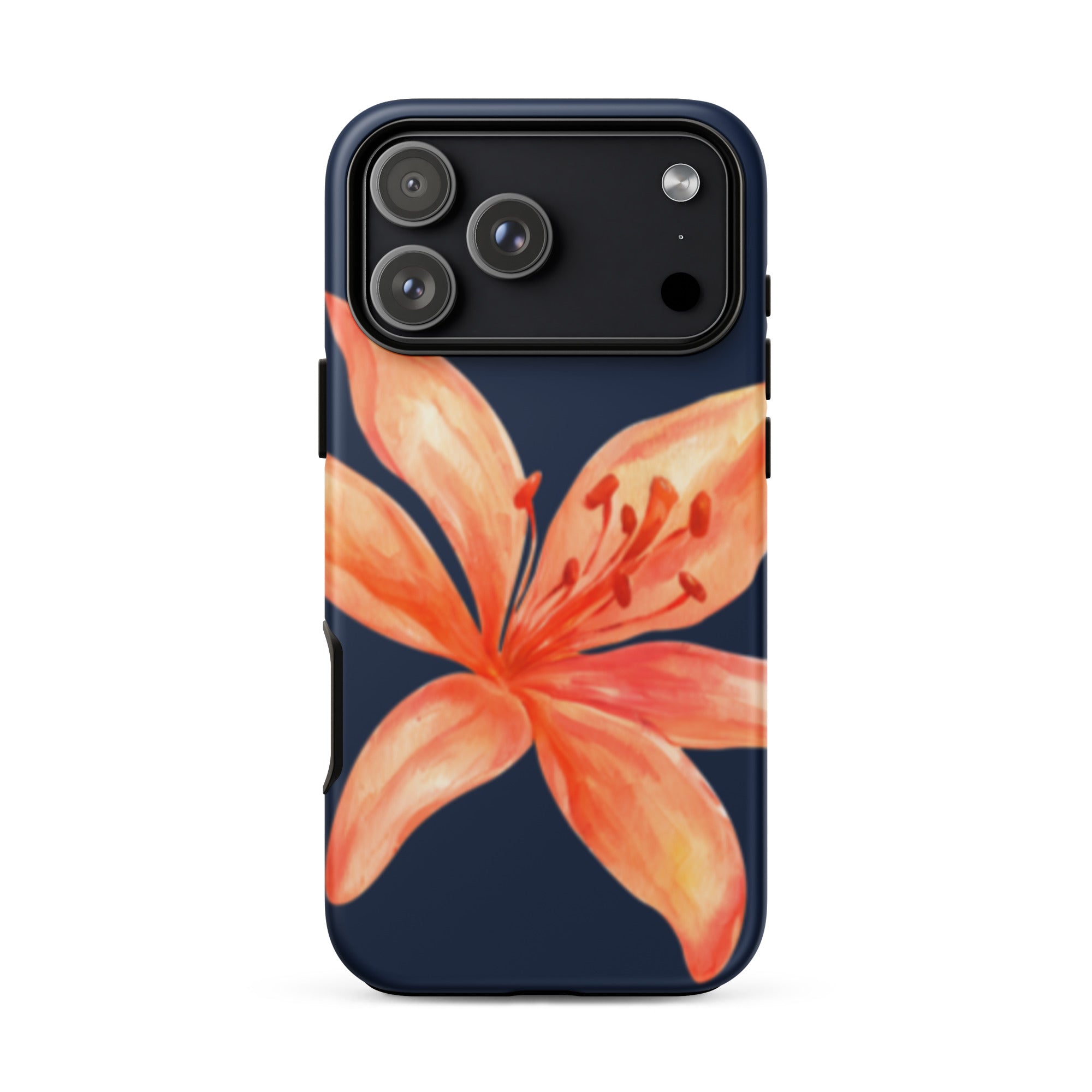 Coral Tiger Lily iPhone Case - Y2K Floral Navy With Glossy Or Matte featuring a vibrant orange lily on navy background