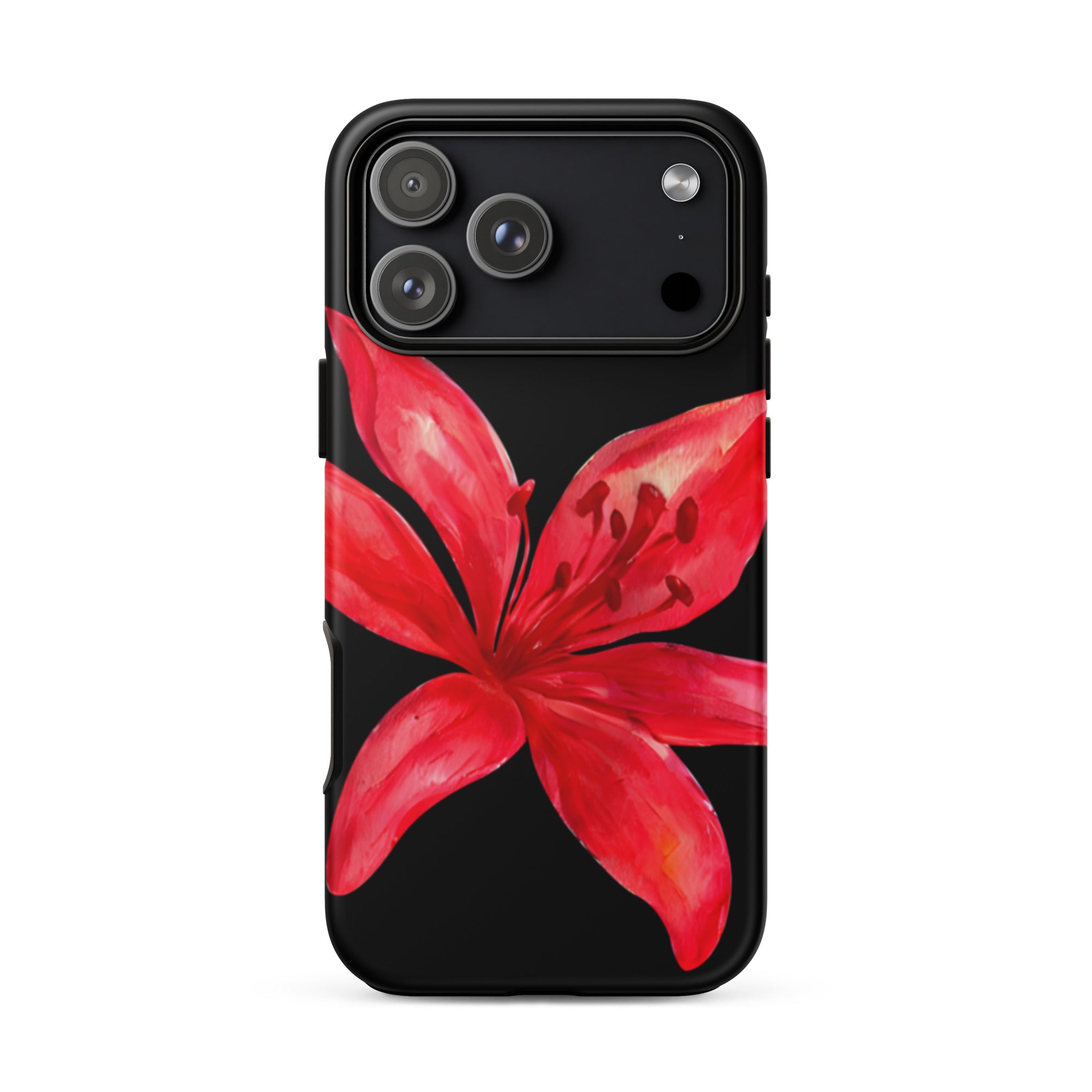 Red Tiger Lily IPhone Case - Y2K Floral Black Phone Case With Dual Layer Protection In Glossy Or Matte Finish displaying vibrant red flower design.